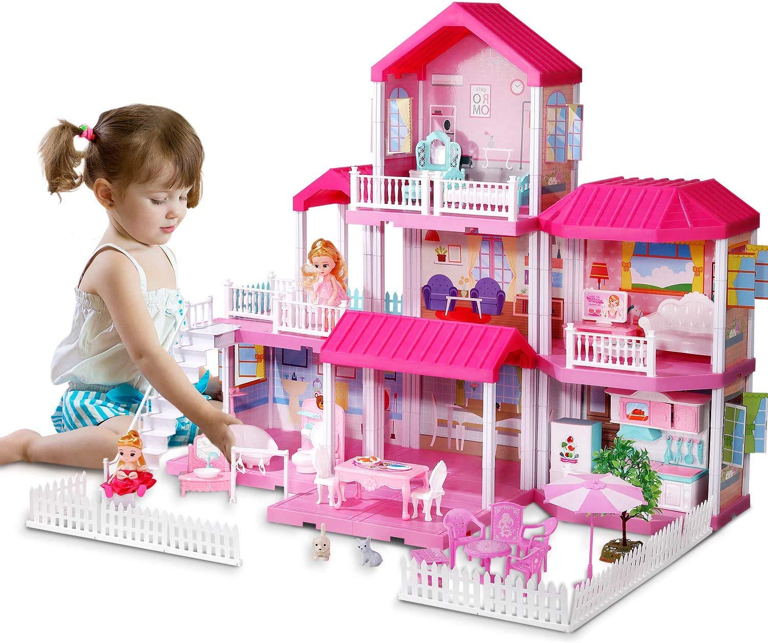 VFVibeFire Dollhouse Dreamhouse Building Toys Figure Furniture, DIY House, Accessories, Movable Slides, Pets & Dolls, DIY Party Play Doll House, Gift, Boys & Girls(11 Rooms) (7 rooms)