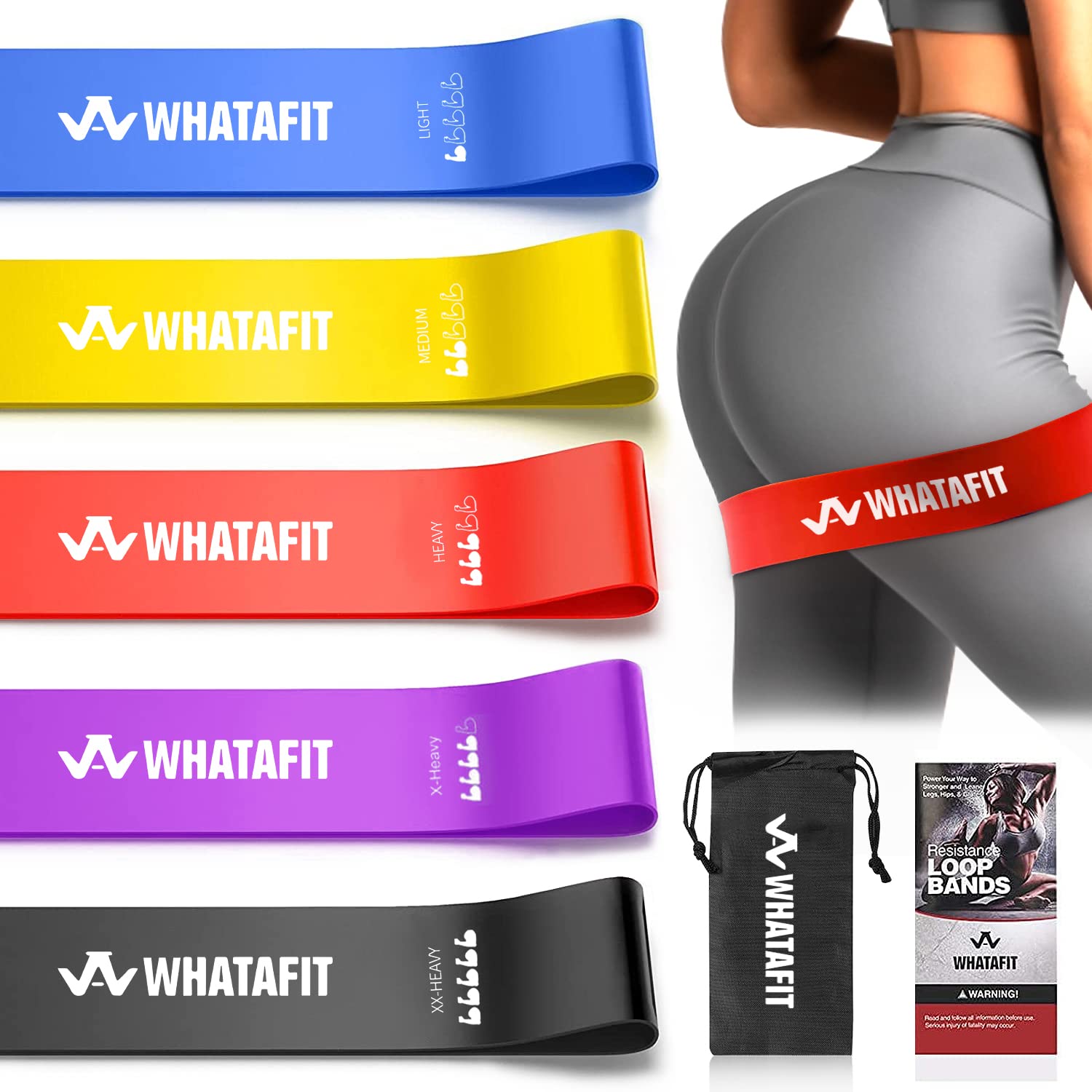 WHATAFIT Mini Resistance Loop Bands Set of 5 Premium Exercise Fitness Band for Stretching, Pilates, Yoga, Physical Therapy, Home Gym, Natural Latex Workout Band with Mesh Bag Guidebook