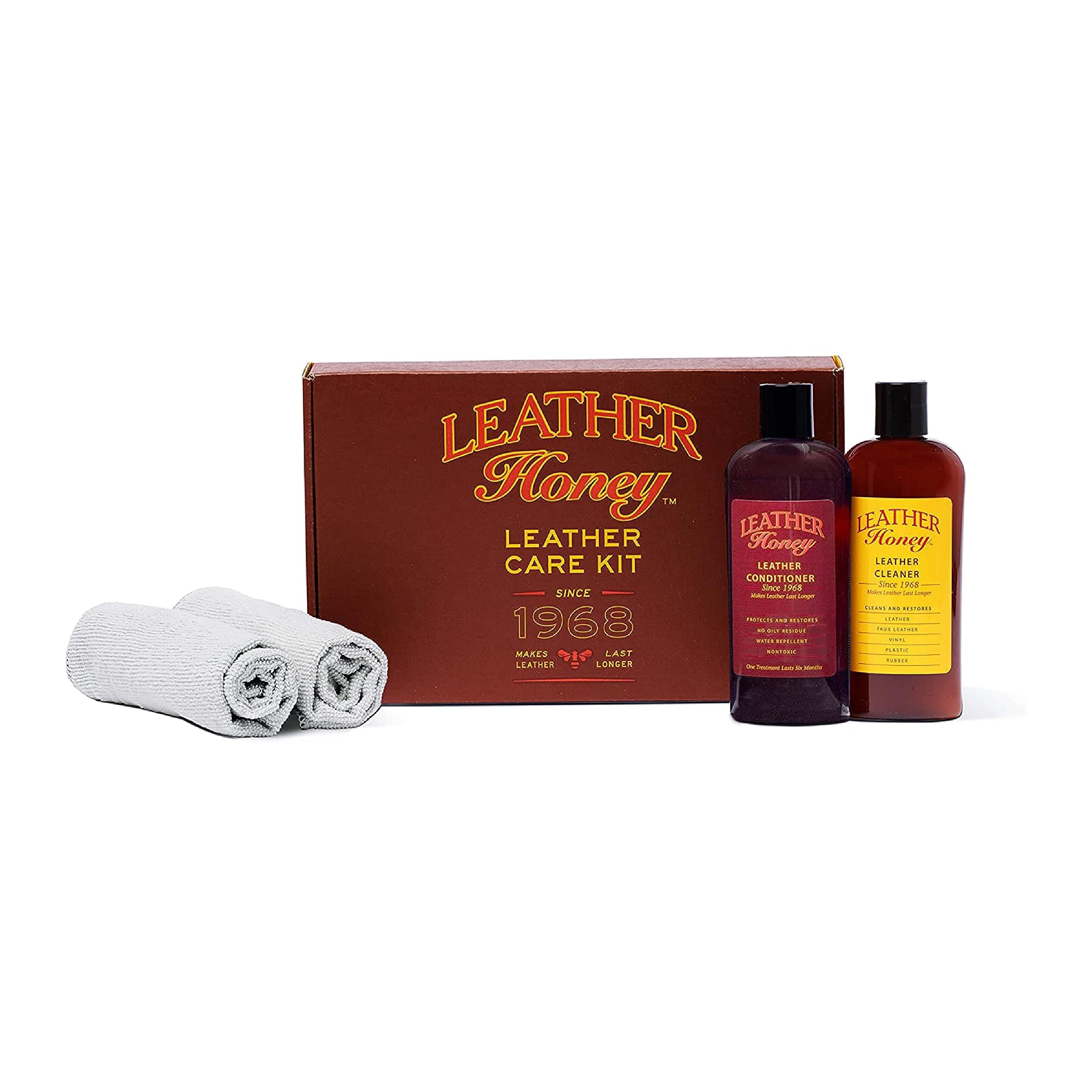 LEATHER Honey Complete Leather Care Kit Including Leather Conditioner (8 oz), Leather Cleaner (8 oz) and Two Applicator Cloths for use on Leather Apparel, Furniture, Auto Interiors, Shoes, Bags