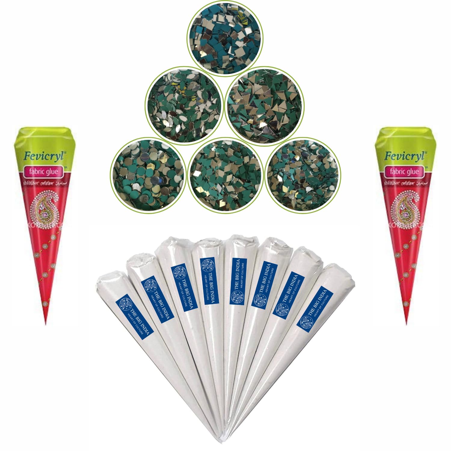 Mirror kit & Ceramic Cone for lippan Art, Craft Work, mud Work (4 Ceramic Cone, 6 Shape Mirror Total 720 Piece 120 Plus Pieces of Each Shape, 1 Fabric Glue Cone) (6 Shape Mirror & 6 Ceramic Cone)