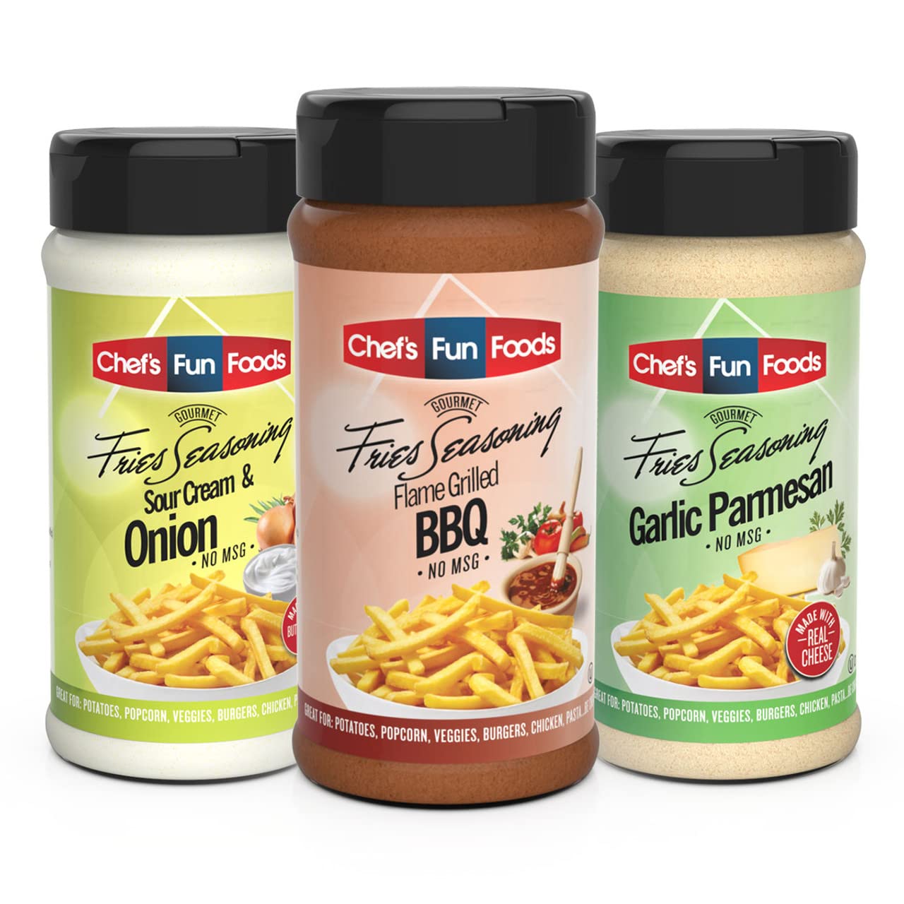 Chef's Fun Foods - Gourmet Food Seasonings | Kosher Food for Restaurants and Home Cooks |Sour Cream & Onion, Flame Grilled BBQ, Garlic Parmesan Combo