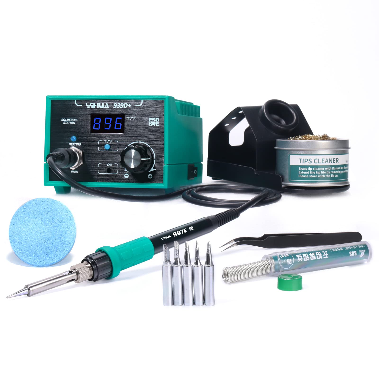 YIHUA939D+ Digital Soldering Station, 75W Equivalent with Precision Heat Control (392°F to 896°F) and Built-in Transformer. ESD Safe, Lead Free with °C/°F display (Green)