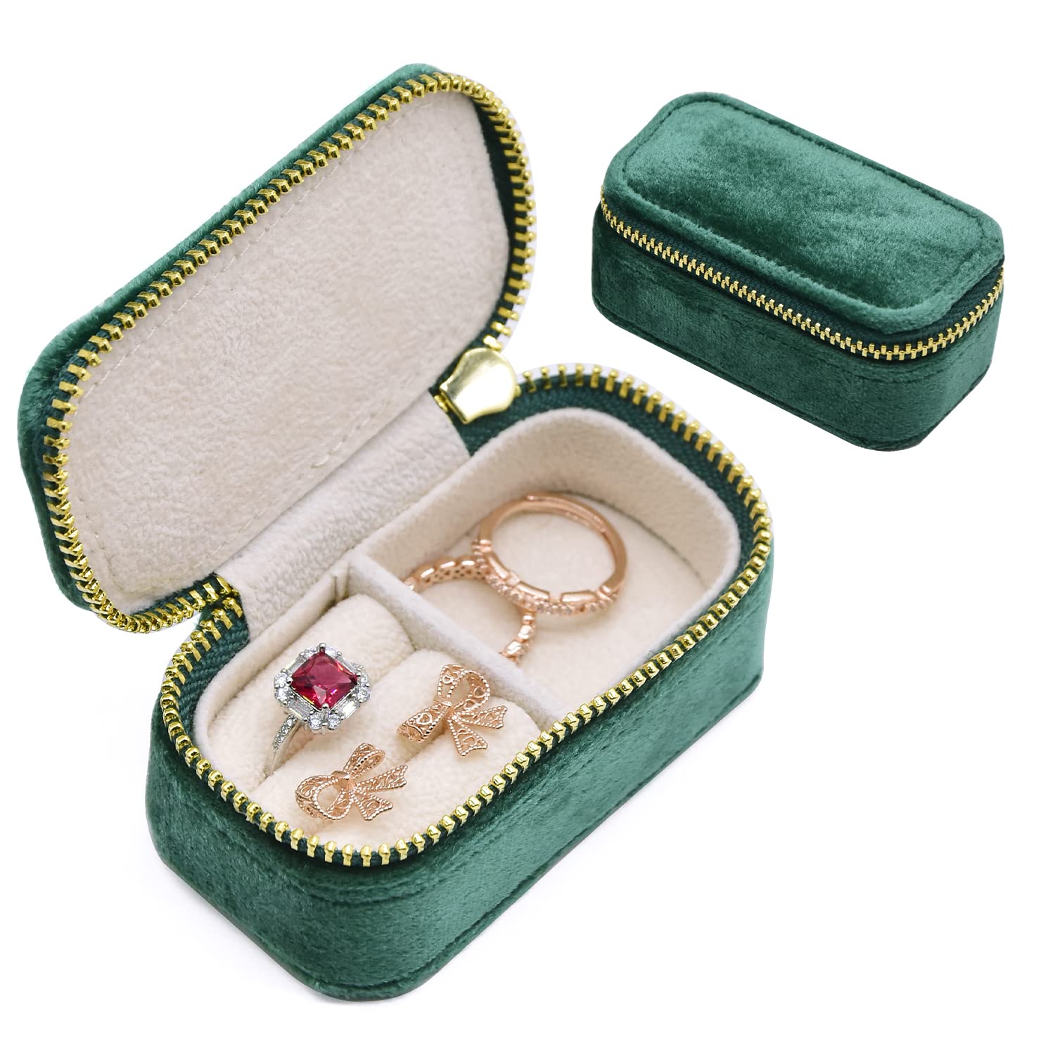 Small Velvet Travel Jewelry Box, TAIMY Portable Travel Jewelry Case for Women, Mini Travel Jewelry Organizer Storage Boxes for Rings Earrings Necklaces Bracelets(Dark Emerald)