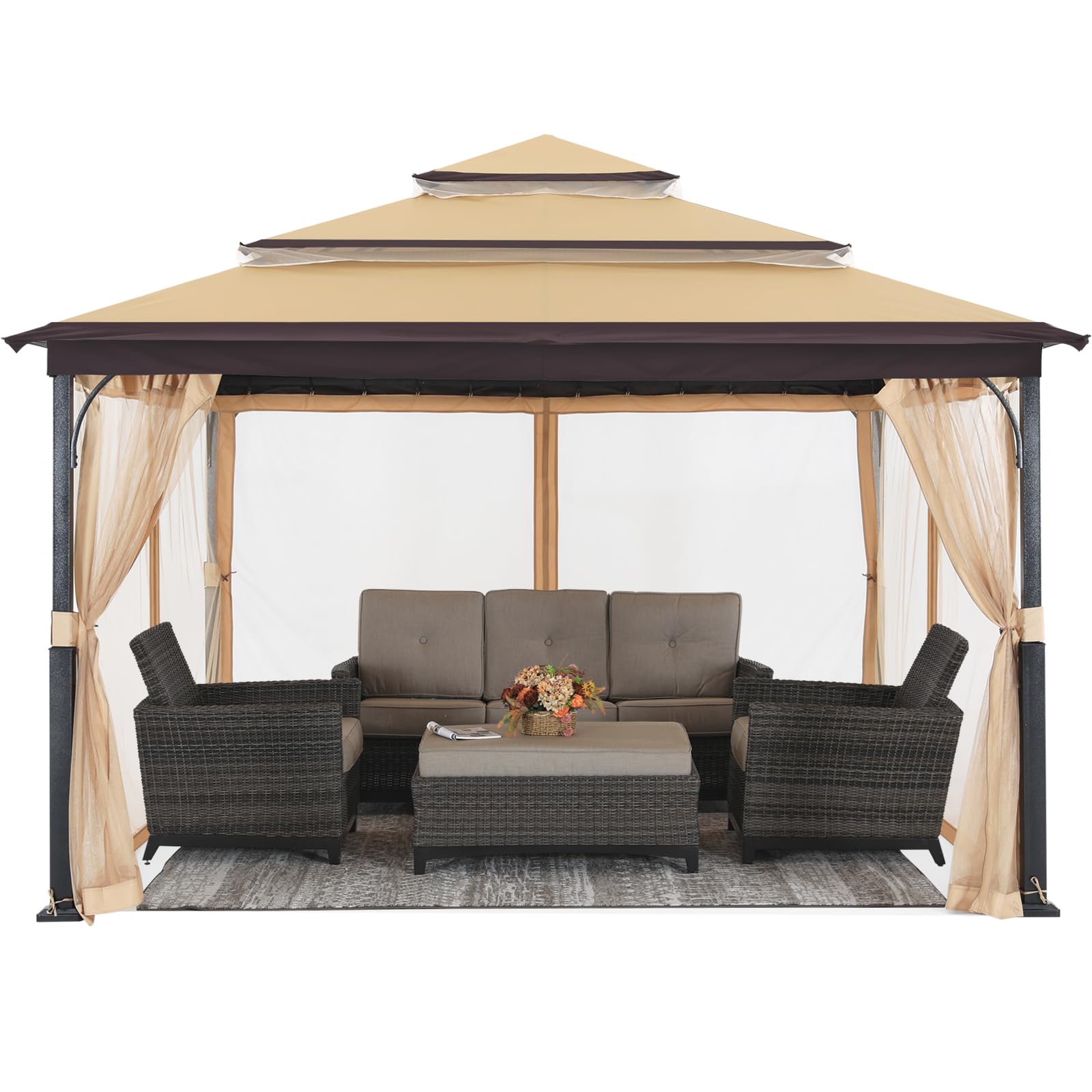 MASTERCANOPY12x12FT Outdoor Gazebo for Patios with 3-Tier Roof Canopy Gazebo with Mosquito Netting,Beige