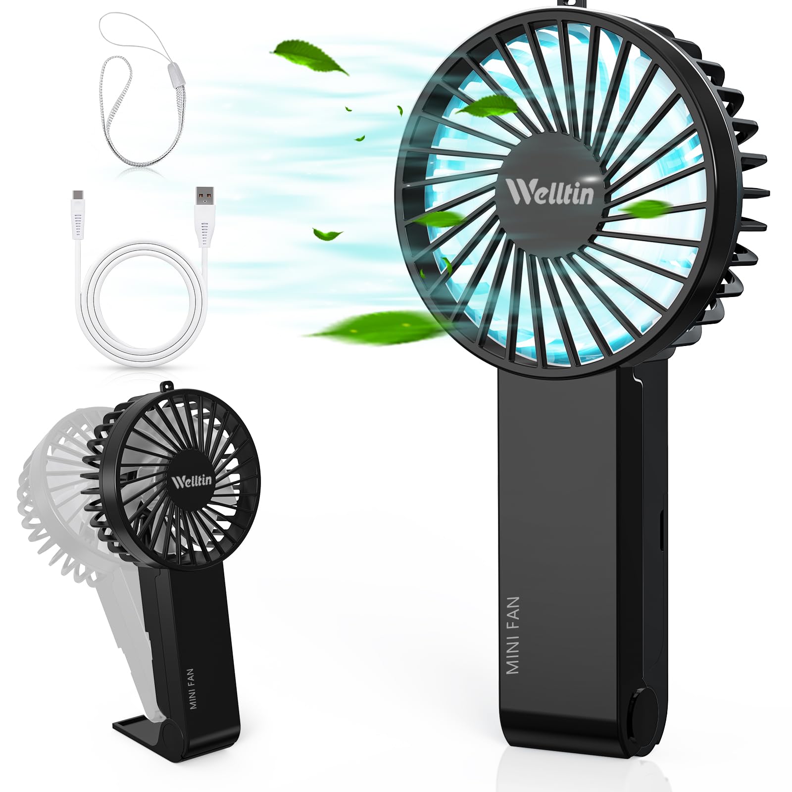 Welltin HandHeld Fan,Portable Mini Hand Fan with USB Rechargeable Battery, Powerful Desk Fan with 3 Speed for Office Home Outdoor Traveling Black