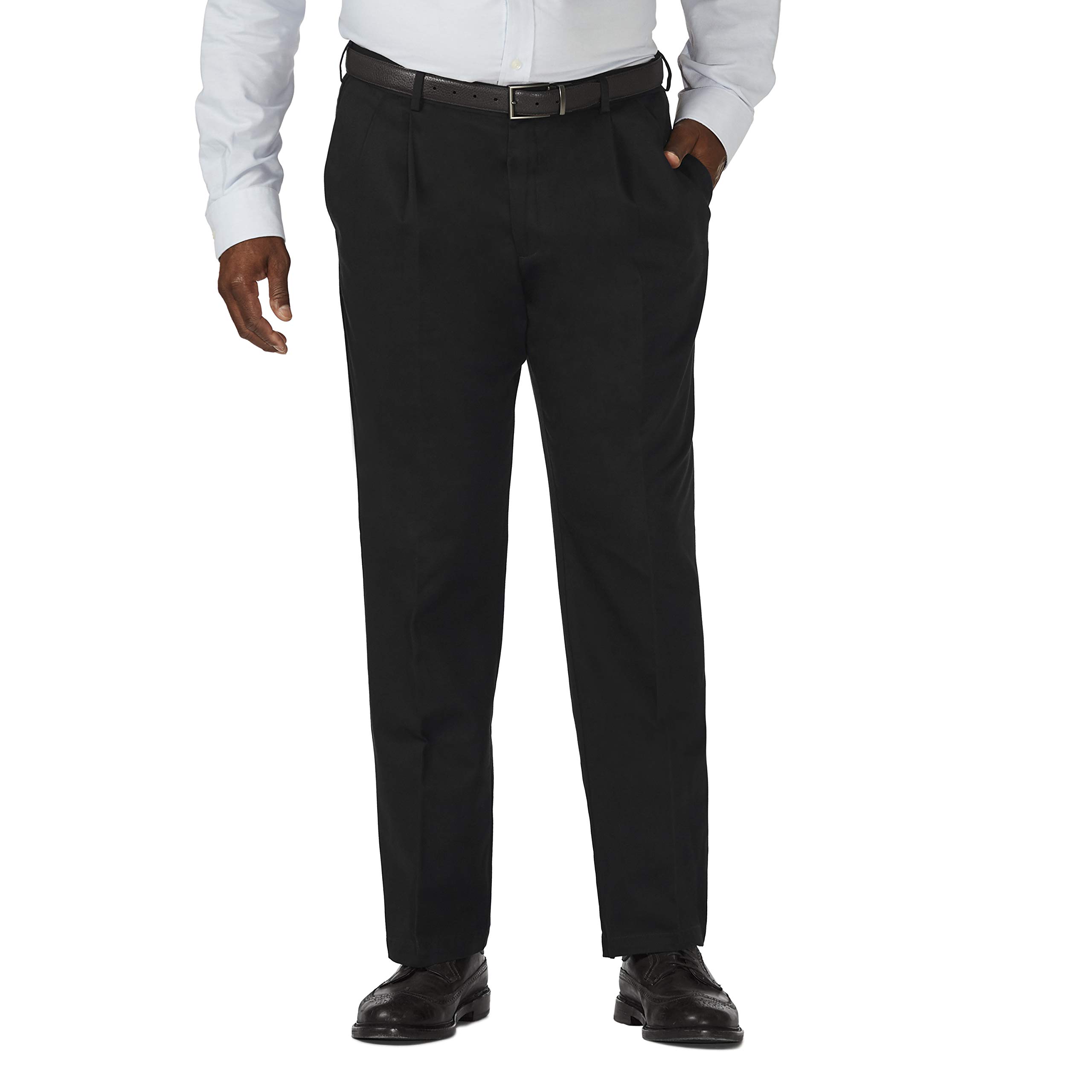 Haggar Men's Work-to-Weekend No-Iron Pleat-Front Pant with Hidden Expandable Waist, Black, One