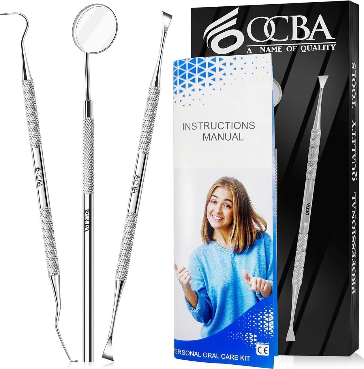 OCBA Plaque Remover for Teeth Cleaning Kit Stainless Steel Dental Plaque Removal Tool Including Dentist Mirror for Personal and Home Use