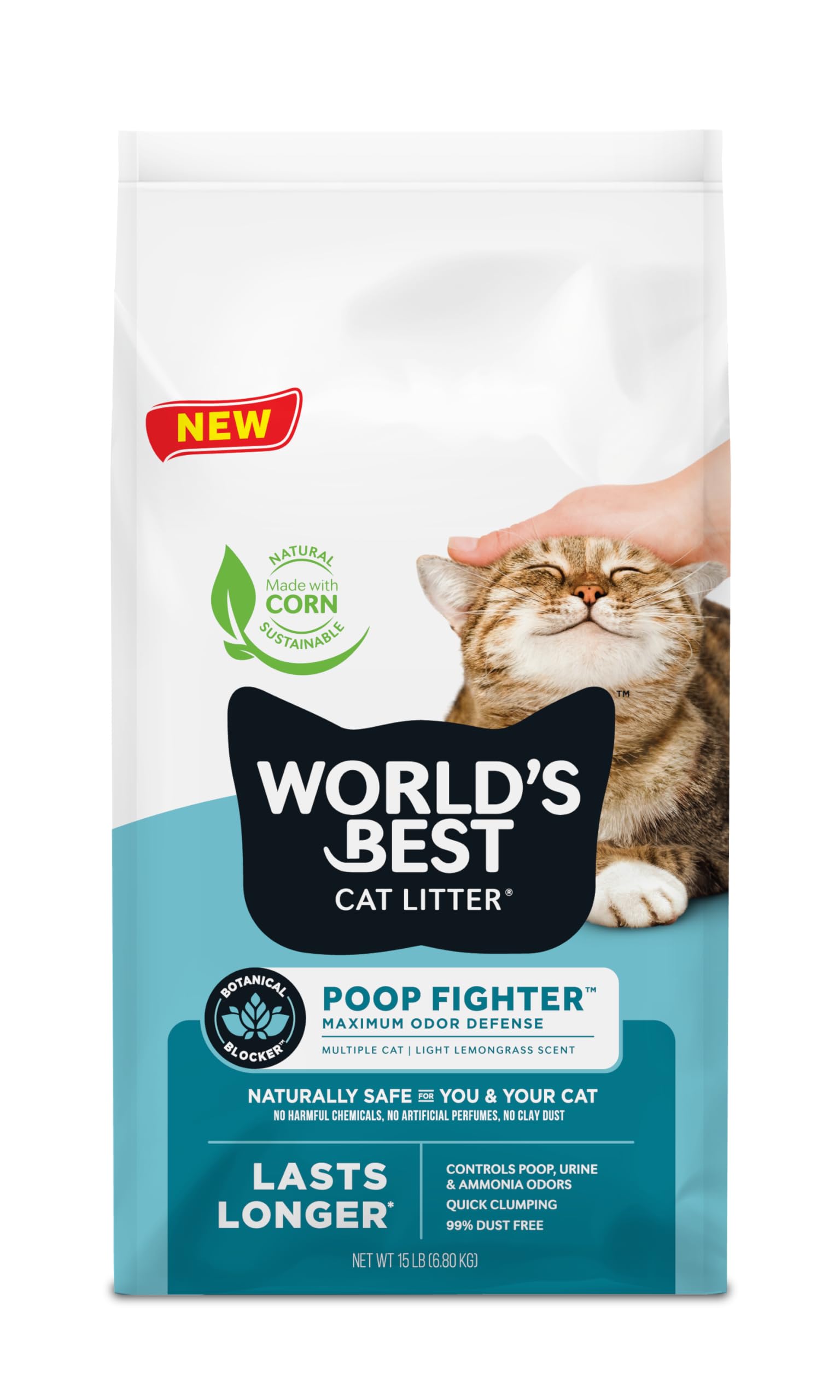 WORLD'S BEST CAT LITTER Poop Fighter Maximum Odor Defense, 15-Pounds - Natural Ingredients, Quick Clumping, Flushable, 99% Dust Free & Made in USA - Long-Lasting Odor Control & Easy Scooping