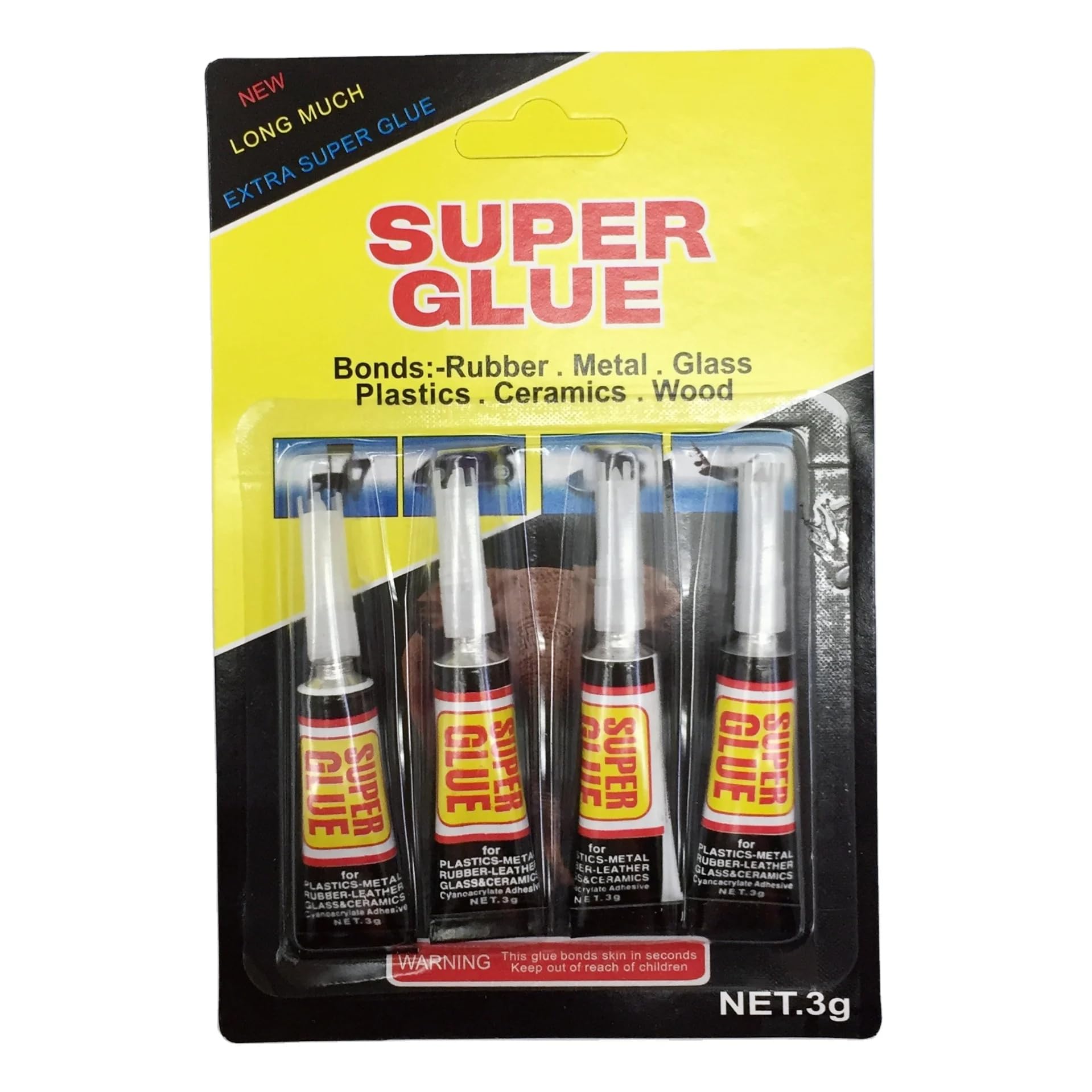 PRIMEBLY Super Glue Pack of 4 – 3g Tubes with Precision Applicator, Fast-Dry Instant Bonding & Strong Adhesion Liquid Glue, Glue for Rubber, Metal, Glass, Plastic, Ceramics, Glue for Wood, Leather Etc