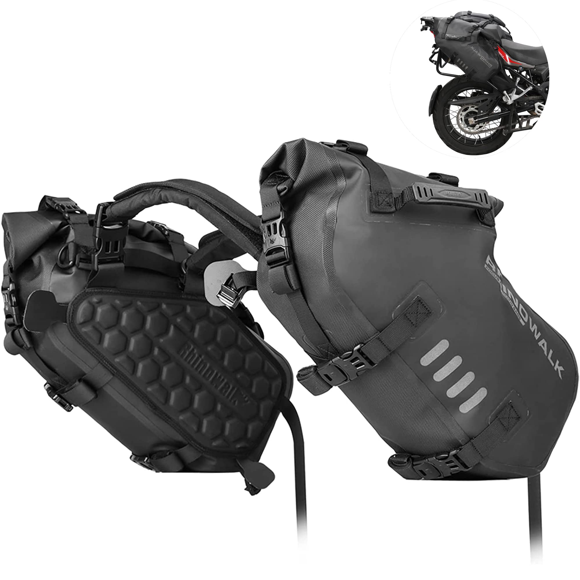 Rhinowalk Motorcycle Saddlebags Waterproof 18L (9L*2) Motorcycle Side Saddlebags, Compatible with most motorcycle racks, adventure、street、sports、dirt bike (Black 1 Pair)