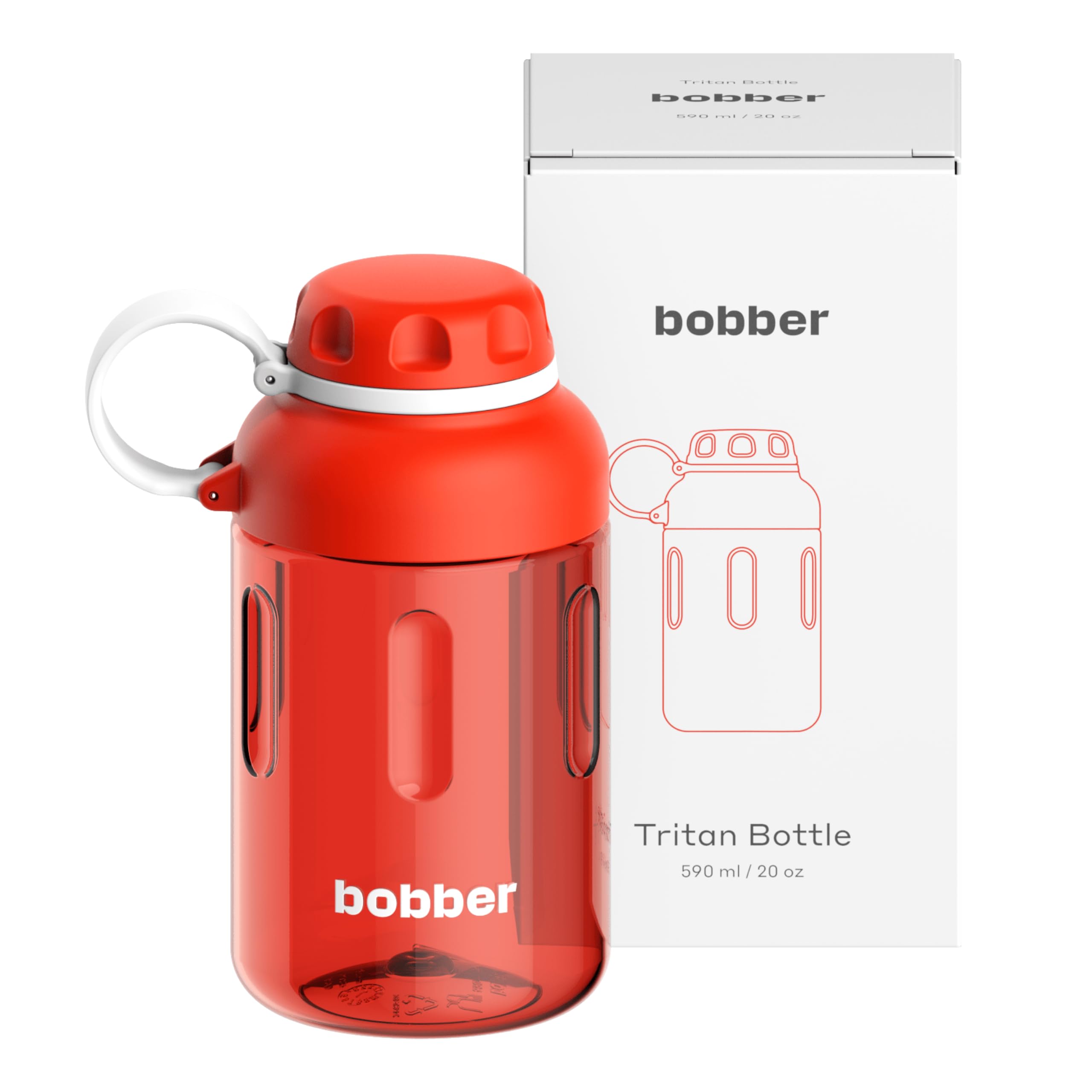 BOBBER20 oz Tritan Water Bottle with Fruit Infuser & Loop Handle — Dishwasher Safe & Leak Proof, BPA Free Sports Water Bottle — Wide Mouth Hard Plastic, Easy Carry Water Bottle for Walking (Red)