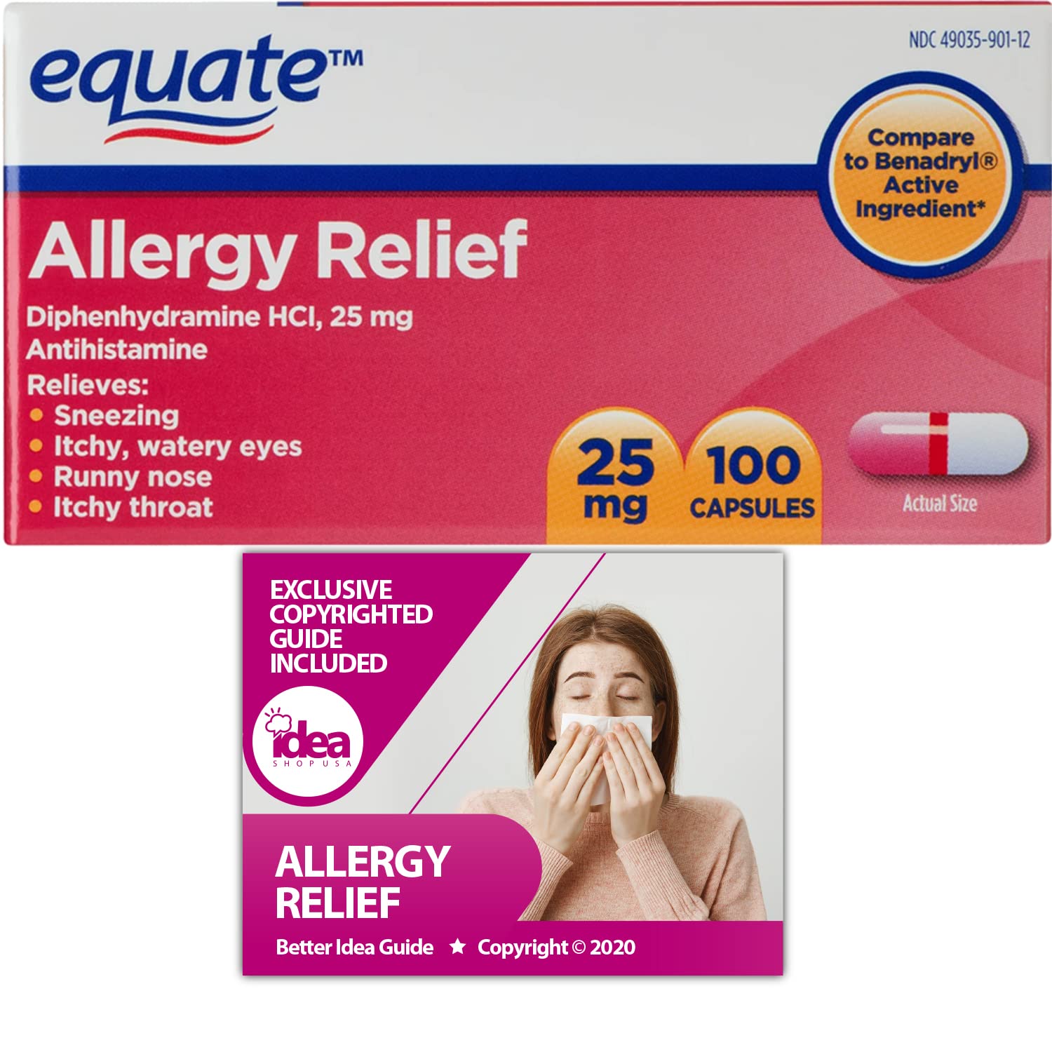 Equate Allergy Relief Capsules, 25 mg, 100 Ct Diphenhydramine HCl, 25 mg Bundle with Exclusive "Allergy Relief" - Better Idea Guide (2 Items)