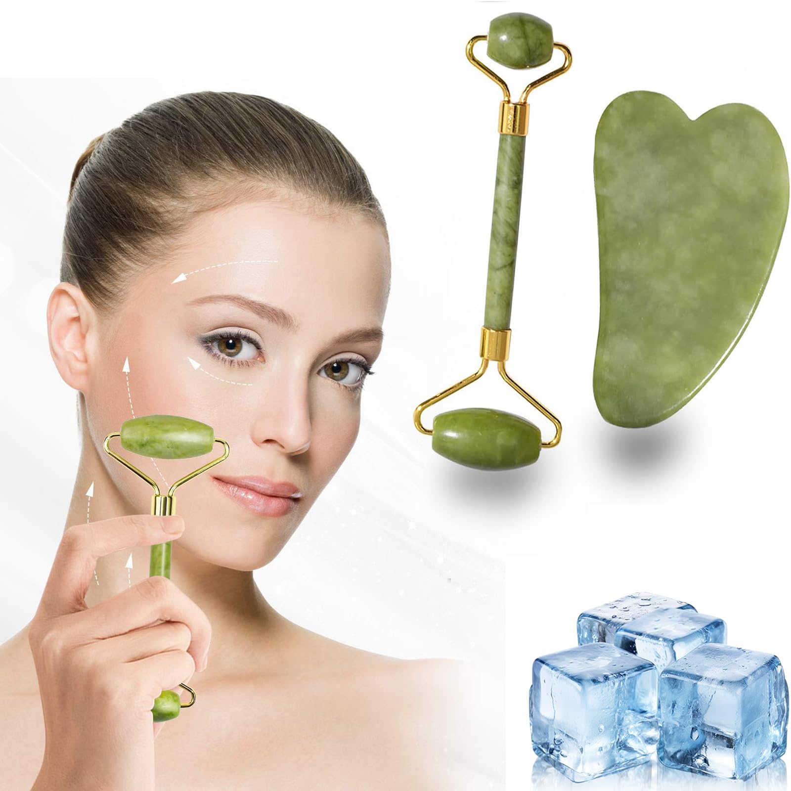 STAYOUNG Jade Roller and Gua Sha Set - Gua Sha Tool,Facial Body Eyes Neck Massager Tool Reduce Wrinkles Aging,Original Natural Jade Stone