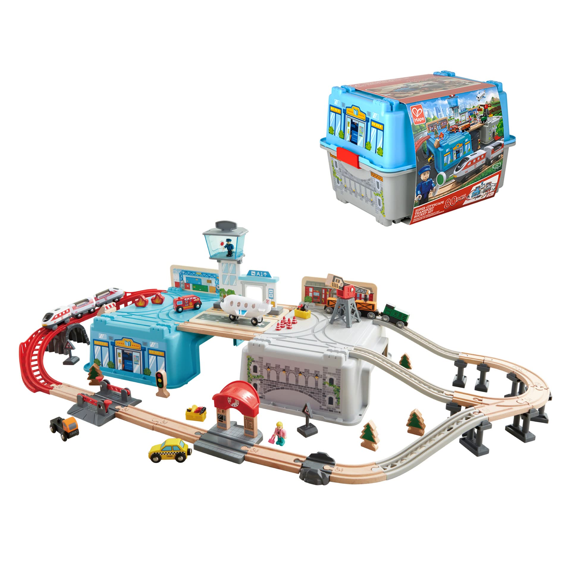 HapeSuper Cityscape Transport Bucket | Wooden Toy Train Set with City Scenes, Plane, Battery-Powered Engine, for Children 3+ Years