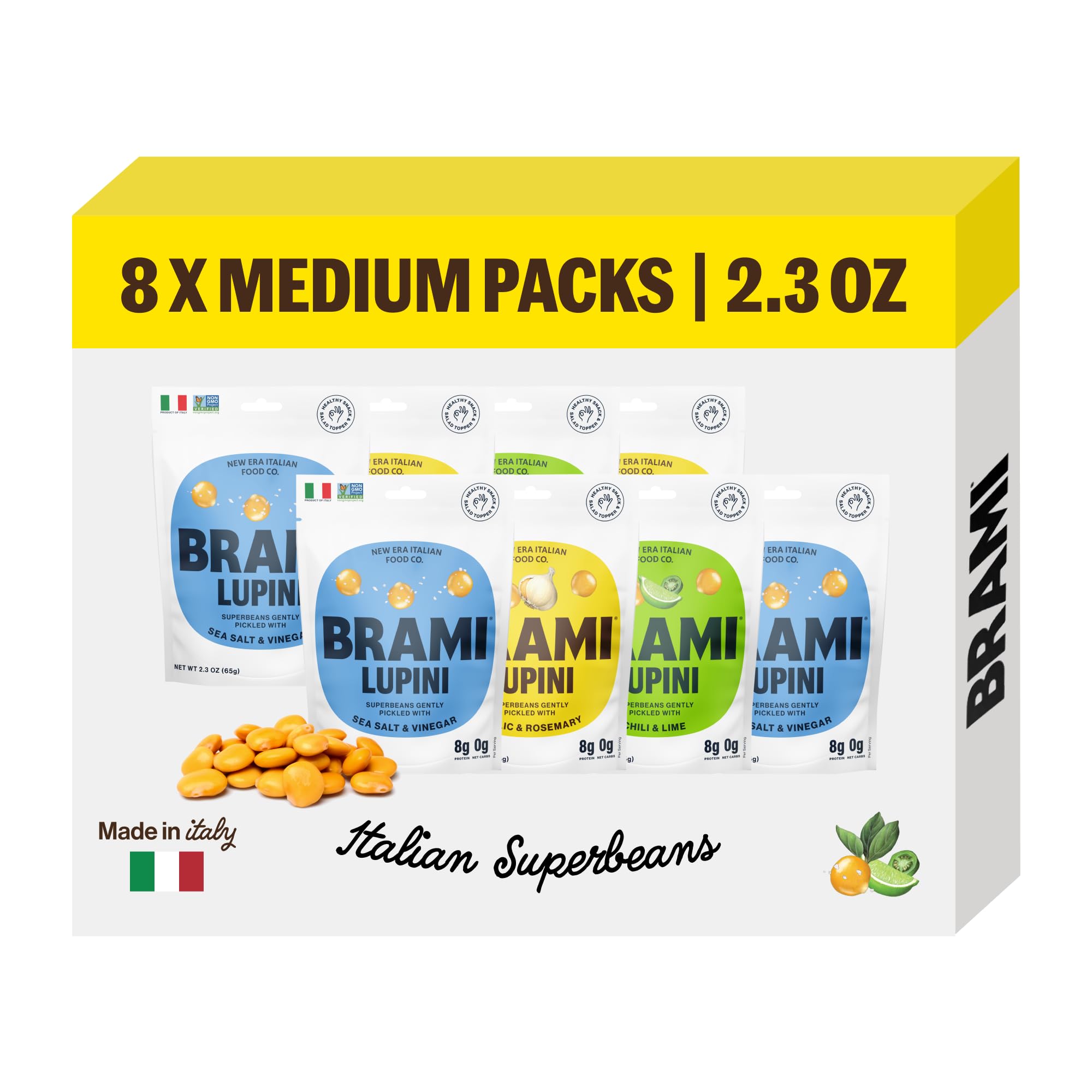 Simply Pickled Lupini Beans Snack by BRAMI | 9g Plant Protein, 0g Net Carbs | Vegan, Vegetarian, Keto, Mediterranean Diet, Non Perishable (2.3 Ounce (Pack of 8), Variety)