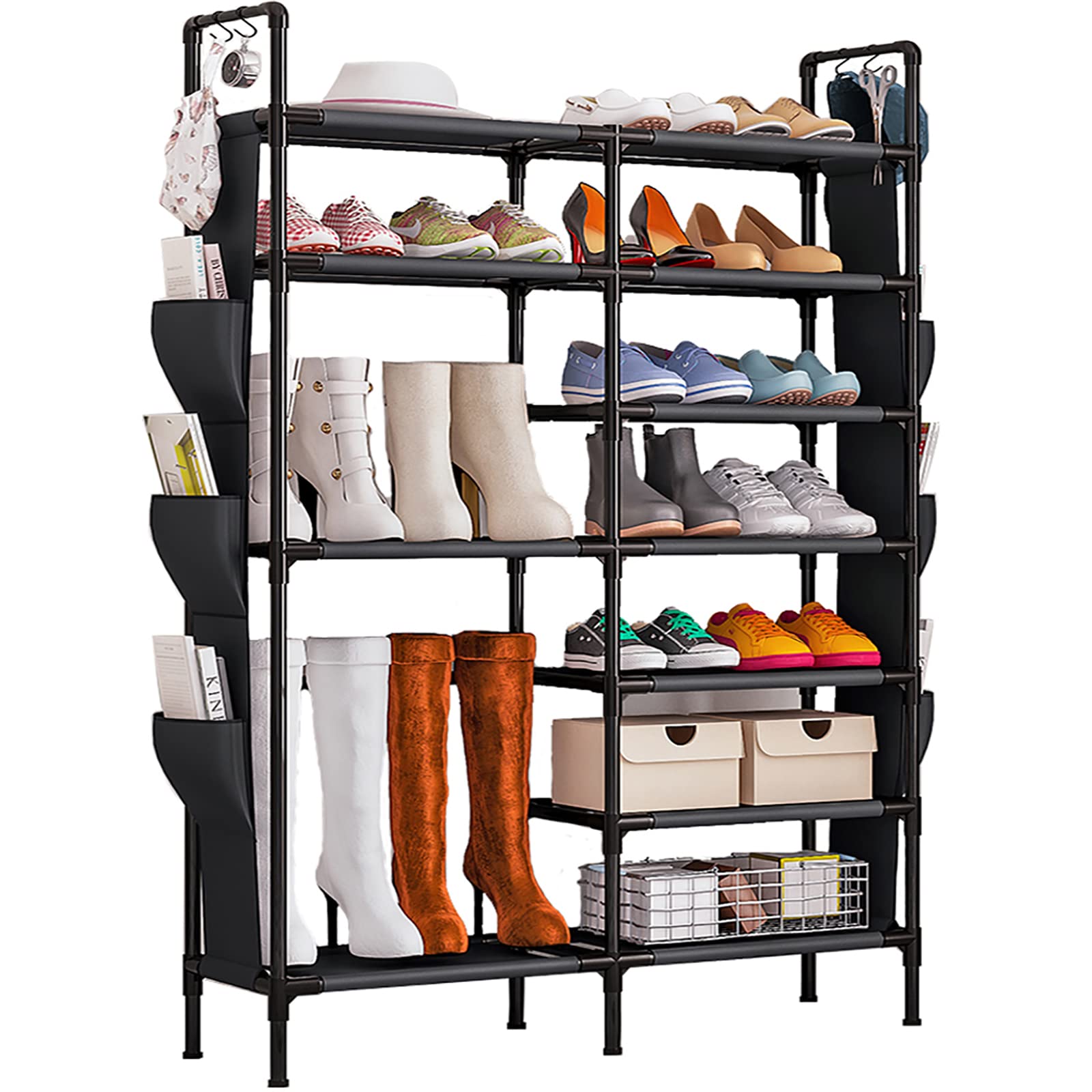 7 Tiers Shoe Rack Shoe Organizer, Large Capacity 24-30 Pairs Boots Storage Organizer Metal Shoe Tower with Two Side Pocket Storage, Shoe Rack for Entryway Closet and Bedroom