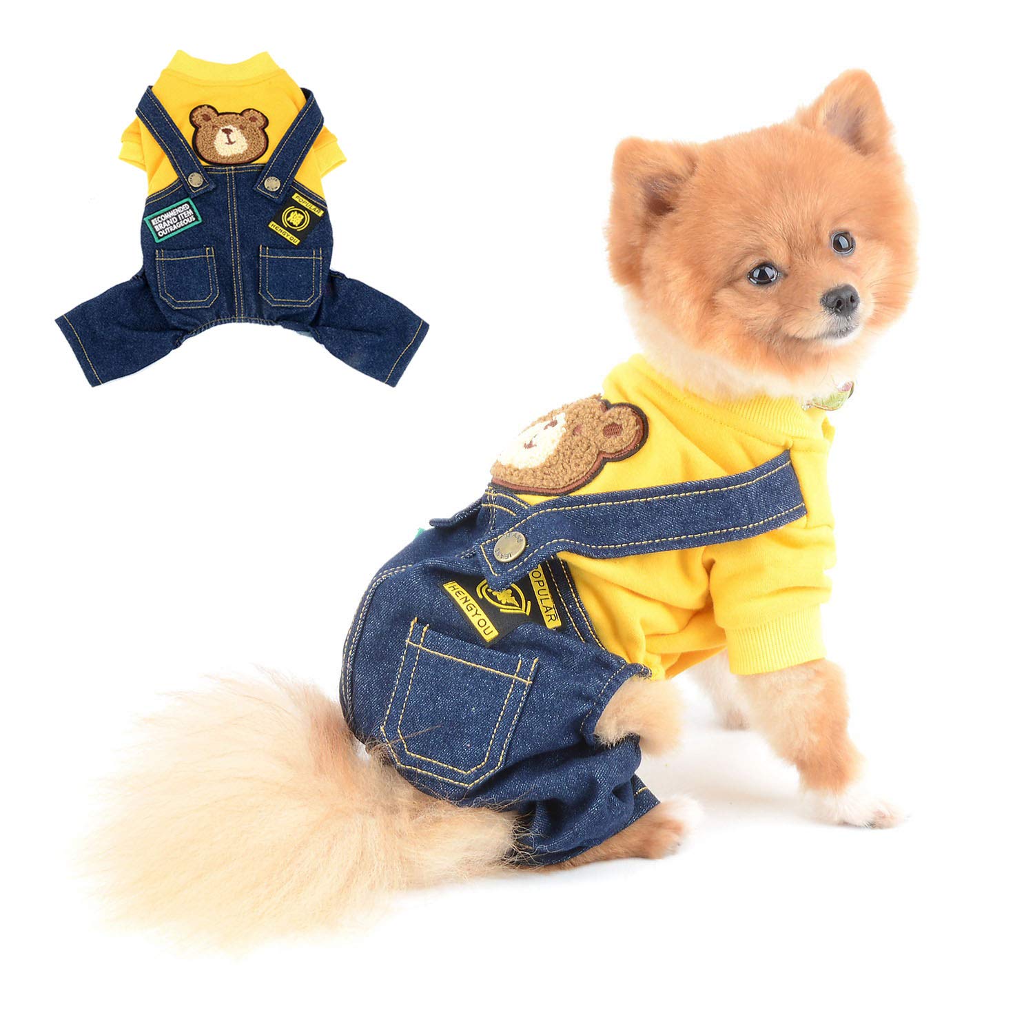 SELMAI Dog Outfits for Small Dogs Boy Girl Spring Shirts Denim Bib Pants 2 Pockets Jumpsuits One Piece Apparel for Cats Puppies Chihuahua Clothes Adorable Overall for Medium Pet 4 Legs AutumnYellowXL