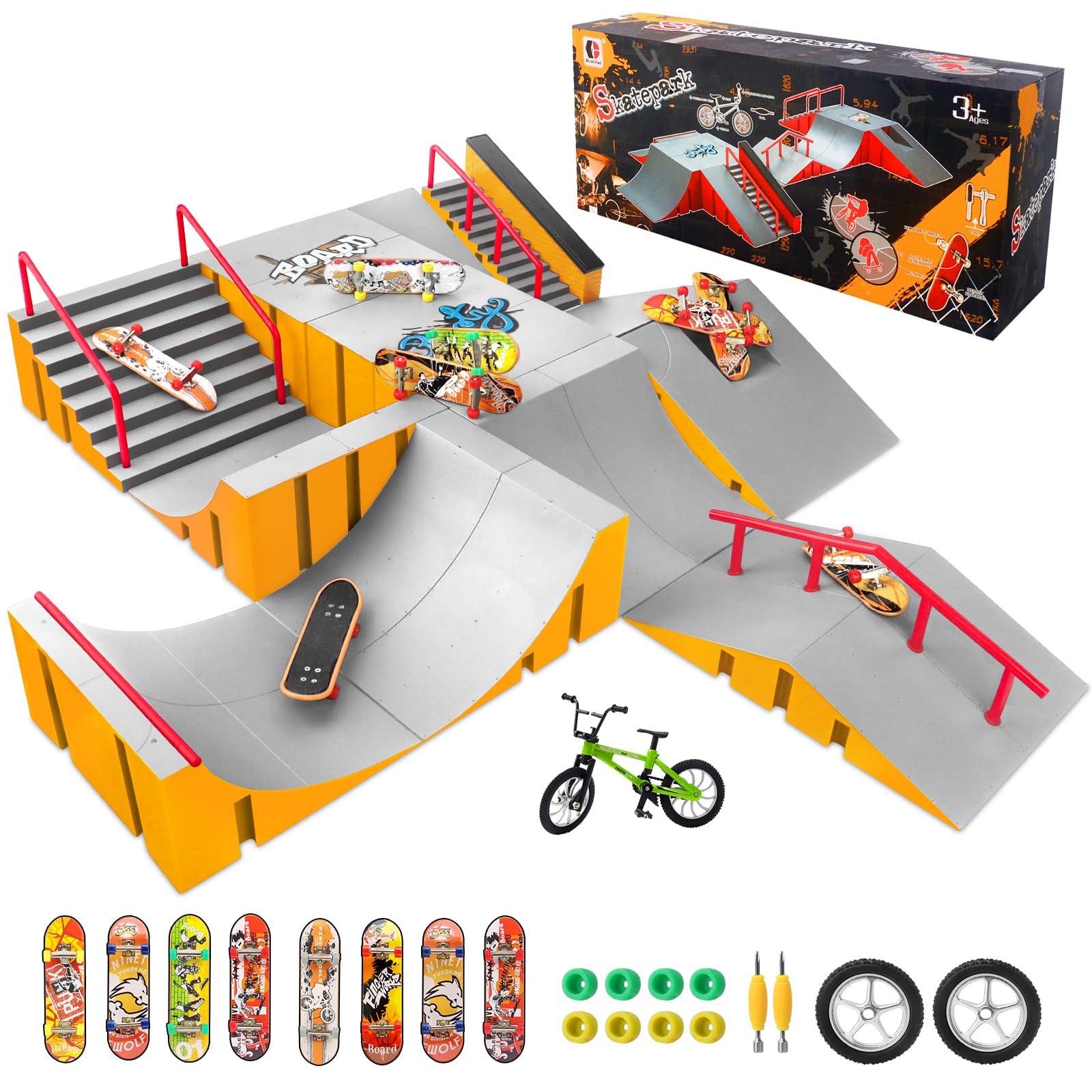 CS COSDDI Finger Skateboard Park Kits,Skateboard Finger Toys with 8 Finger Skateboards & 14 Skatepark Deck Ramp,1 Finger Bike for Unisex Gift,Mini Finger Skateboards Ramp Accessories Set （Yellow）