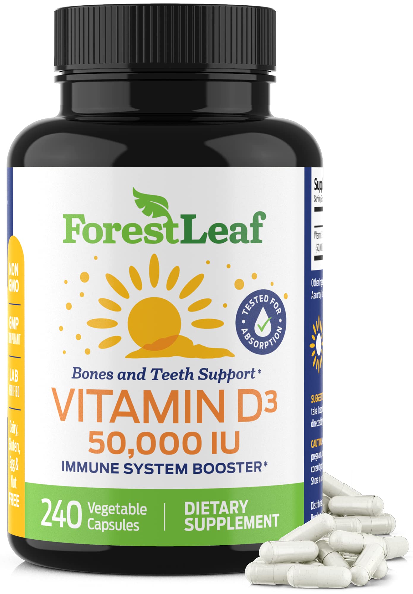 ForestLeaf - Vitamin D3 IU Weekly Supplement - Vitamin D Capsules for Bones, Teeth, and Immune Support - Easy Swallow Pure Vitamin D3 Caps (50,000 IU - 240 Count)