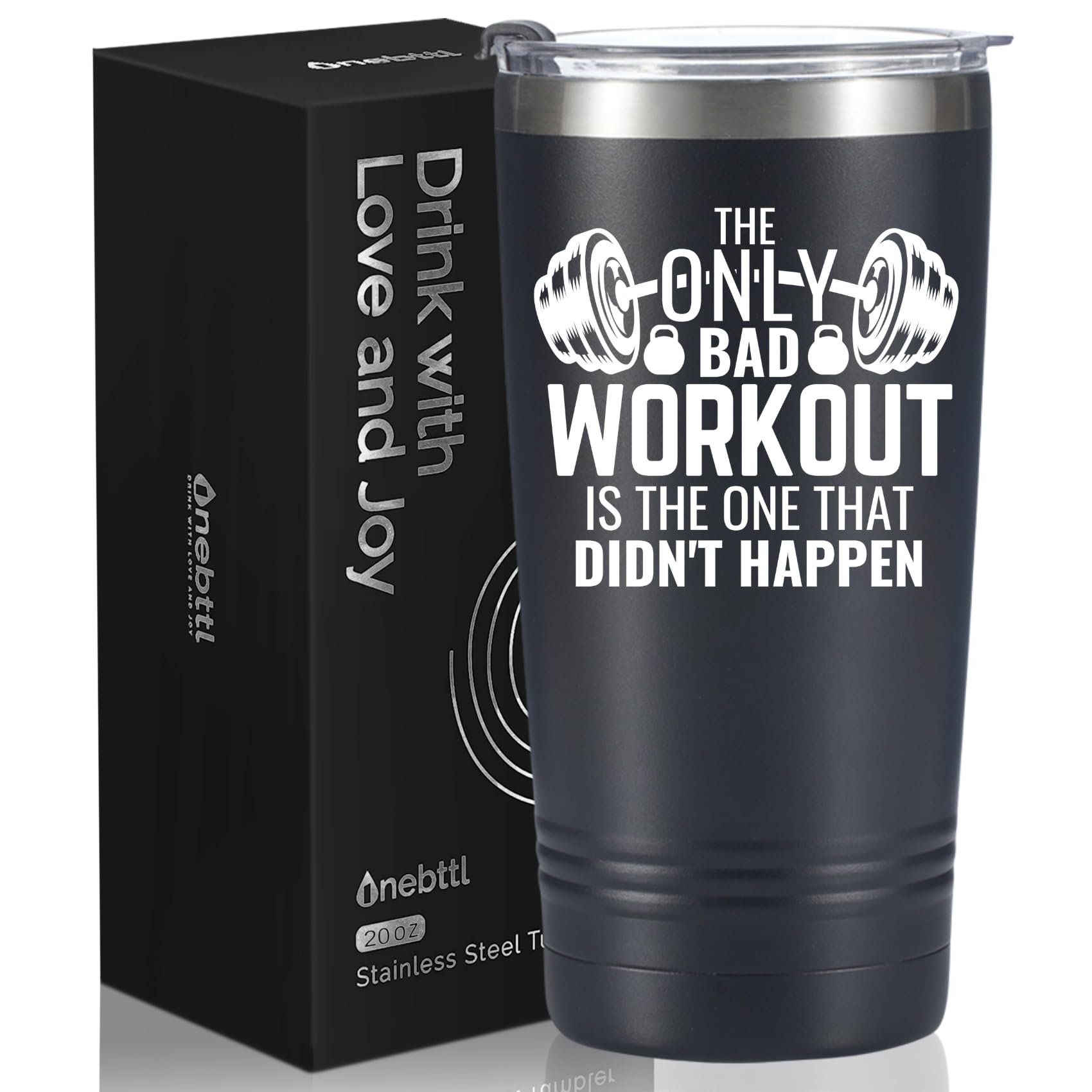 OnebttlWorkout Gifts for Men & Women, Unique Workout Design,20oz Stainless Steel Black Insulated Tumbler with Lid & Straw - Black