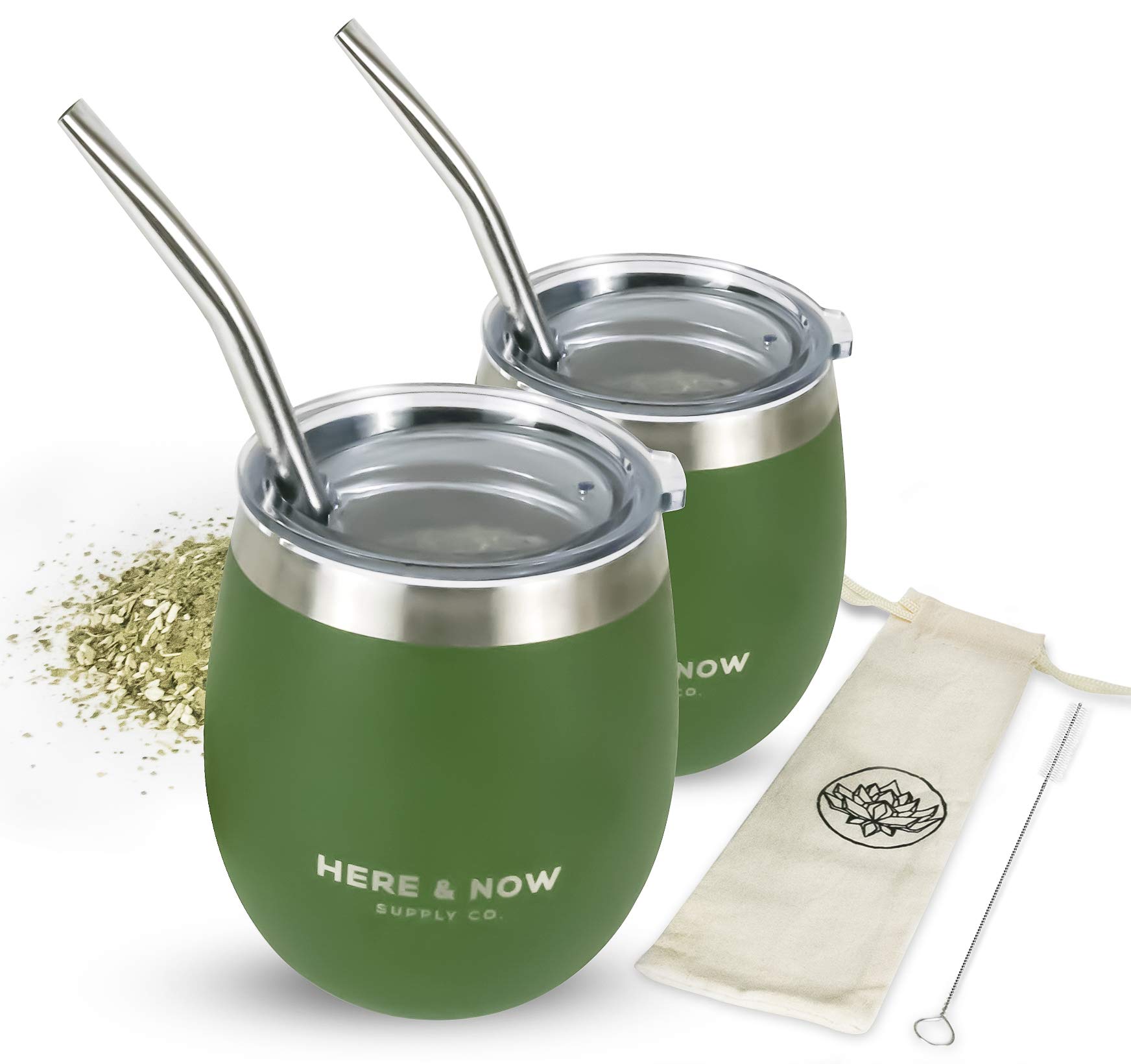 Here & Now Supply Co. Yerba Mate Cup and Bombilla Set 2 Mate Gourds, Spill Resistant Lids, Mate Straws Bombilla Brush Pouch Included Yerba Mate Gourd Kit with Bombilla Mate Mate Tea Cups (Green)