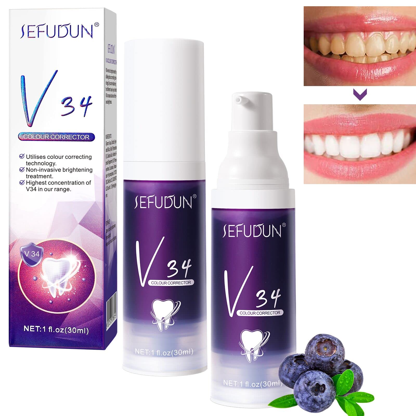 V34 Purple Toothpaste for Teeth Whitening-2PCS V34 Purple Toothpaste,V34 Color Corrector Whitening Stain Removal Teeth Improves Brightness,Gum Repair,Clear Bad Breath,Tooth Stain Removal