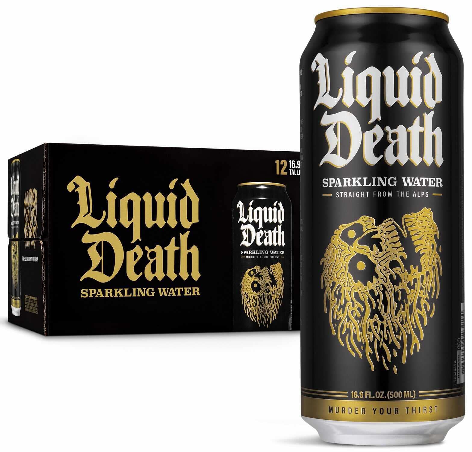 Liquid Death, Sparkling Mountain Water, 12-Pack (Tallboy Size 16.9oz Cans), Real Mountain Source