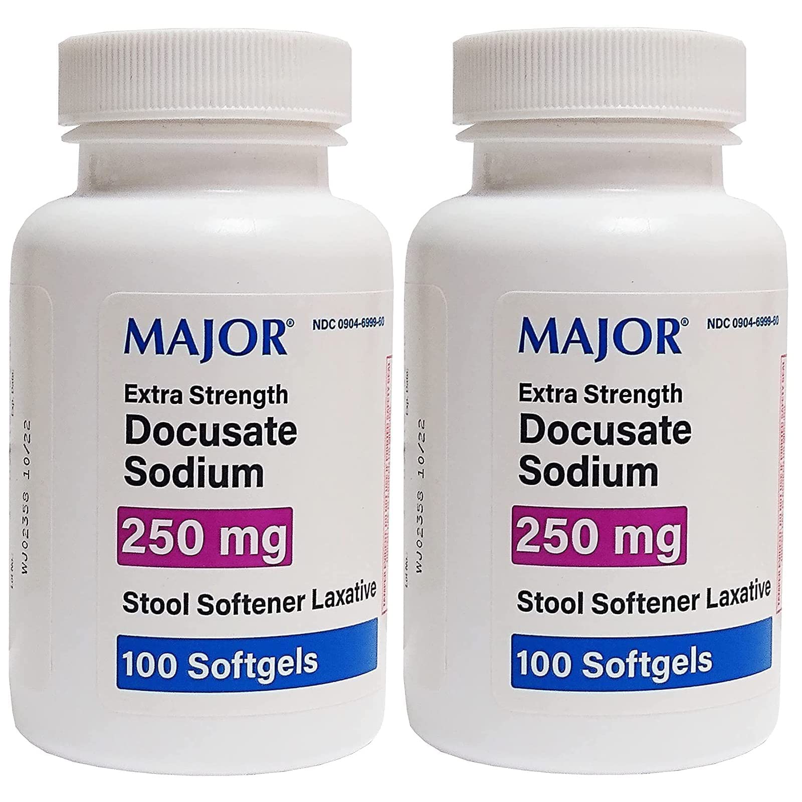 Major Docusate Sodium 250 mg - Extra Strength Stool Softener Laxative Softgels for Constipation Relief - Gentle Stool Softeners for Women, Men, and Kids Ages 12+ - 100 Softgels - Pack of 2