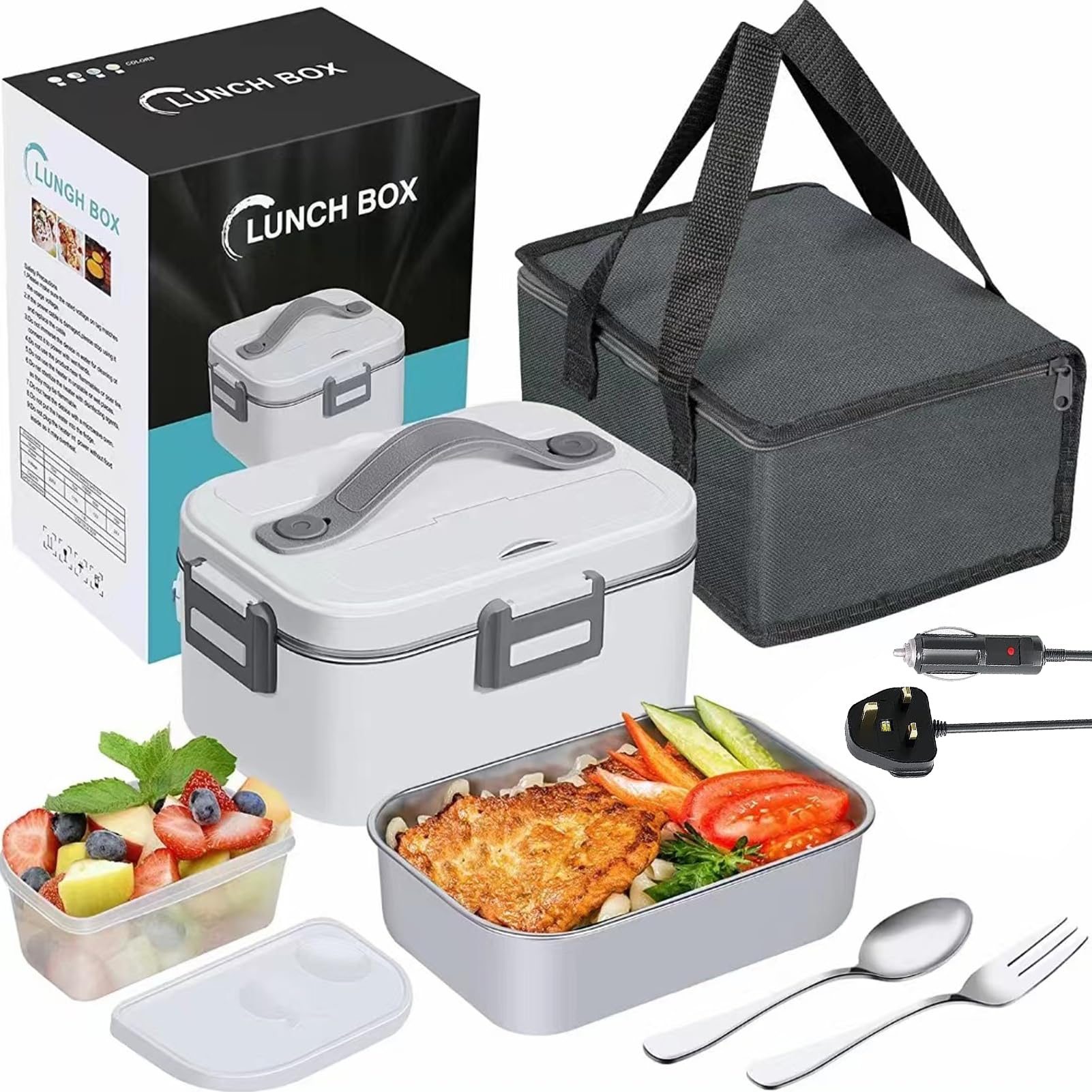 VAODO Electric Lunch Box Food Heater, Water Free Removable Lunch Box, Portable Stainless Steel Food Warmer with Spoon, Fork and Thermal Bag for Office, Car/Truck, Home, Travel，White&Grey