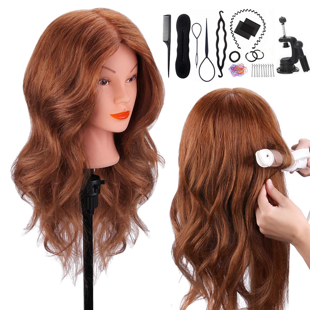 TopDirect Mannequin Head with 100% Human Hair, 18" Dark Brown Real Hair Cosmetology Mannequin Head Hair Styling Hairdressing Practice Training Doll Head with Clamp Holder and Tools