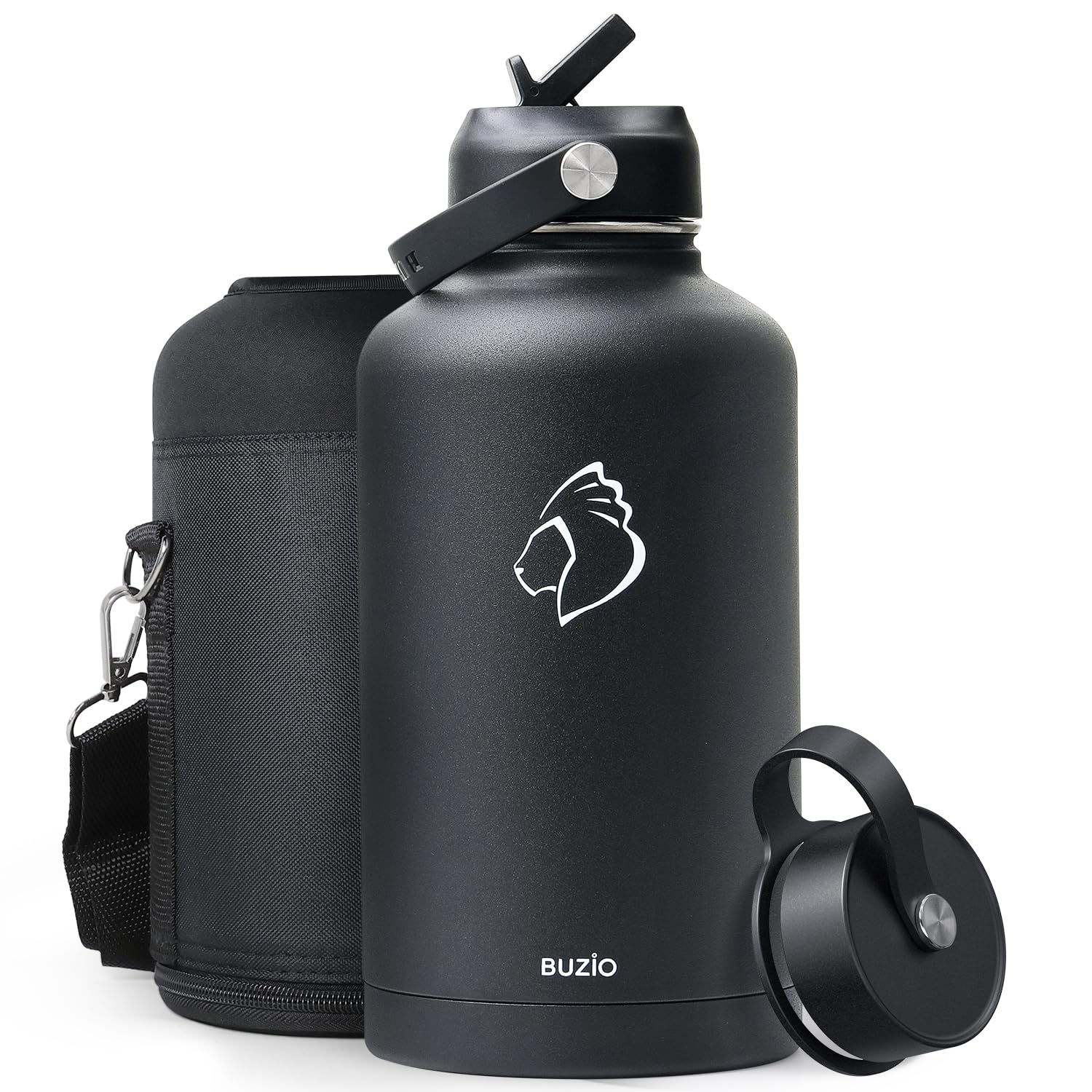 BUZIO Insulated Water Bottle with Straw Lid and Flex Cap,64oz Modern Double Vacuum Stainless Steel Water Flask, Cold for 48 Hrs Hot for 24 Hrs Simple Thermo Canteen Mug, Black