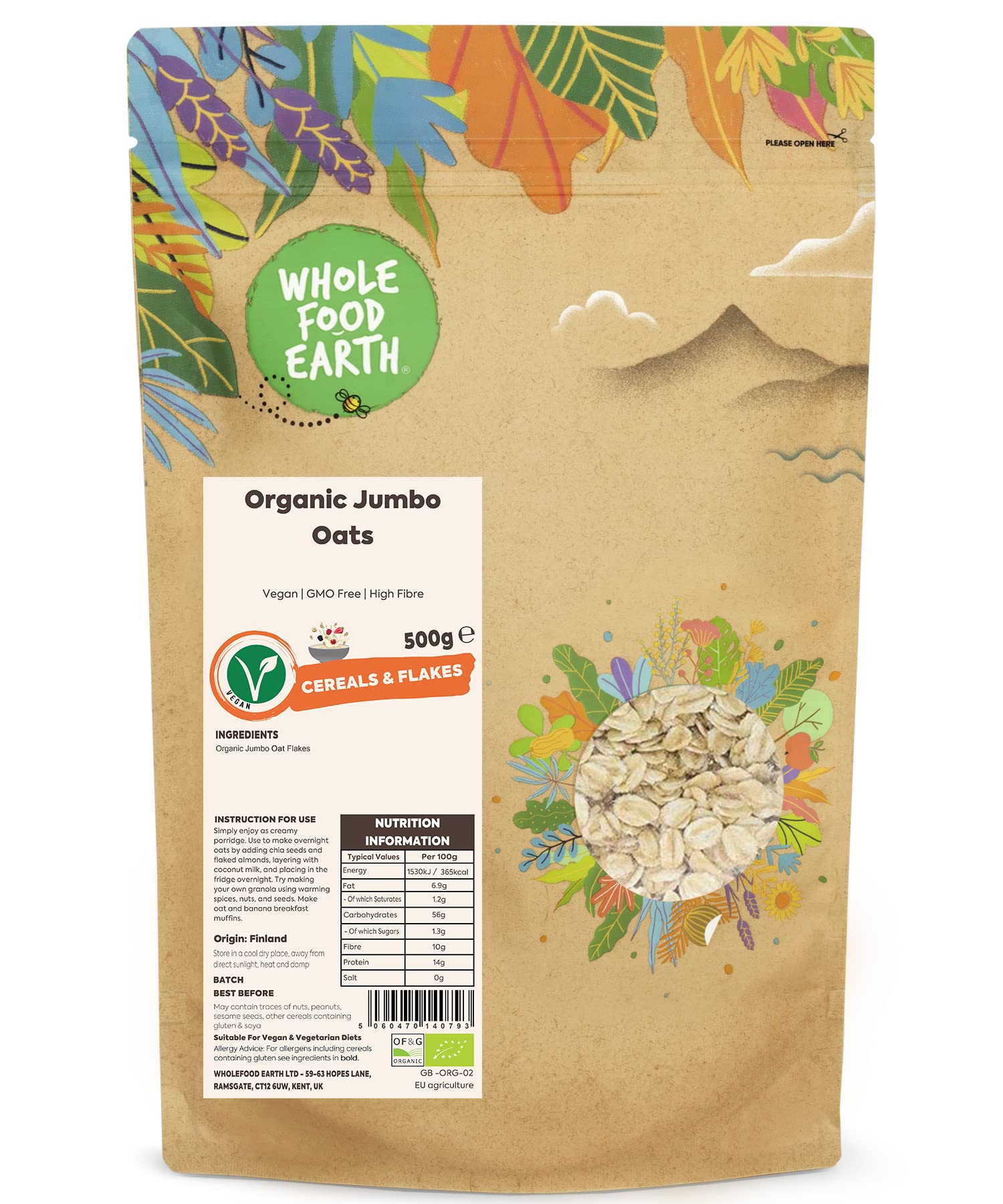 Wholefood EarthOrganic Jumbo Oats – 500 g | Vegan | GMO Free | High Fibre | Certified Organic