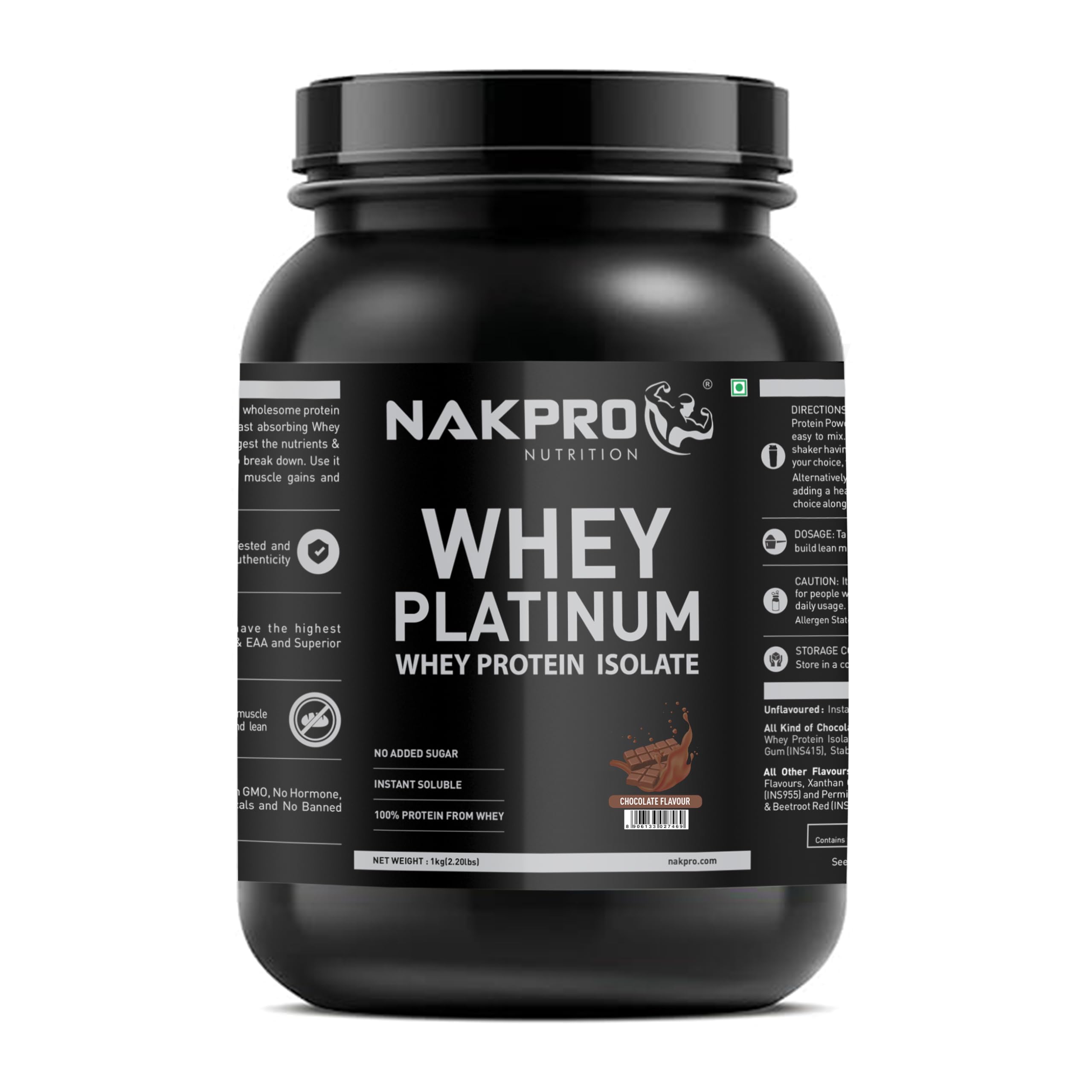 NAKPRO Platinum Whey Protein Isolate 1kg Chocolate, Jar | 28g Protein, 6.4g BCAA | Trustified Certified 100% Authentic Supplement Powder & No Adulteration | Low Carbs, Fast Absorbing Whey Protein Powder