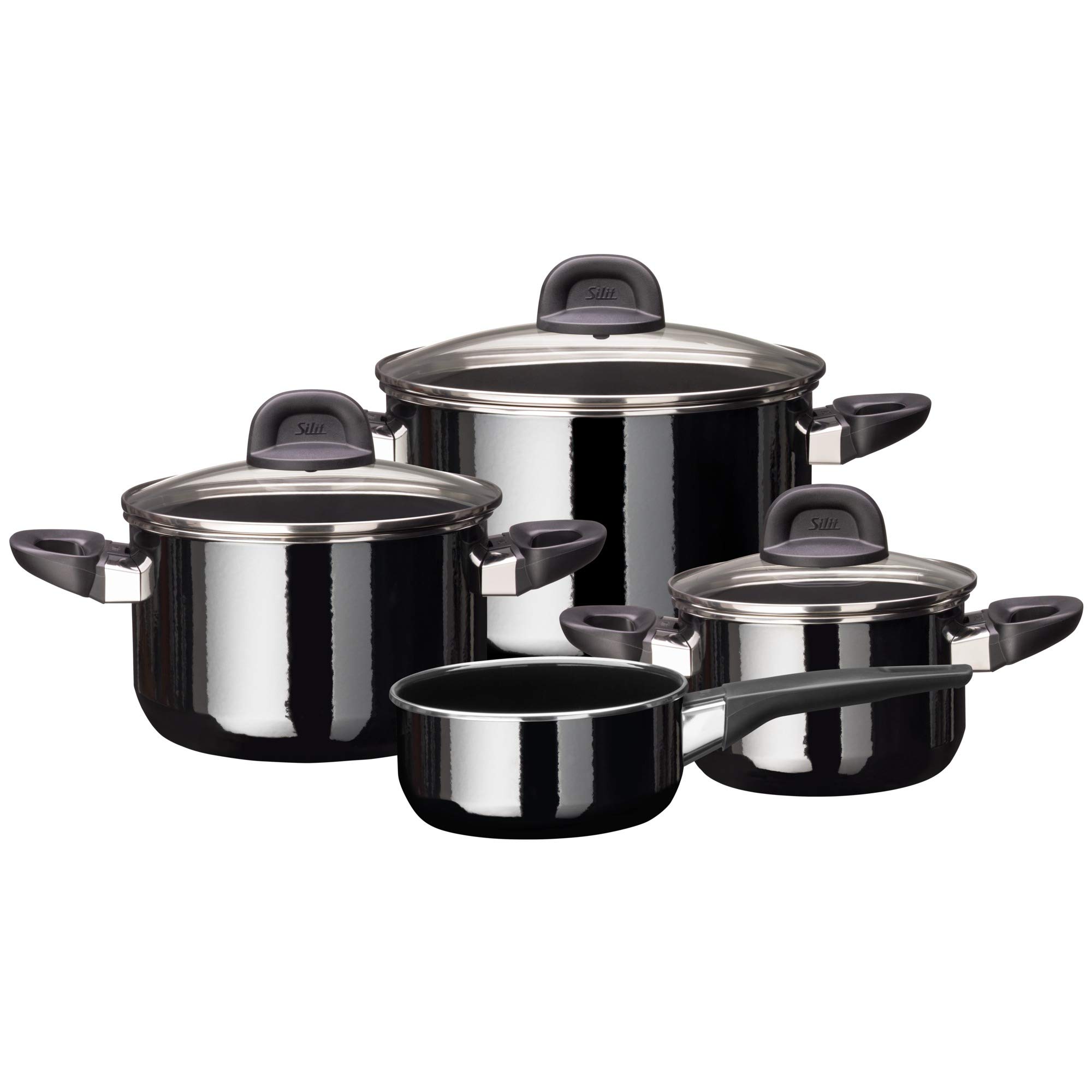 SilitModesto Line 4-Piece Saucepan Set with Glass Lids Silargan Functional Ceramic Induction Saucepan Black