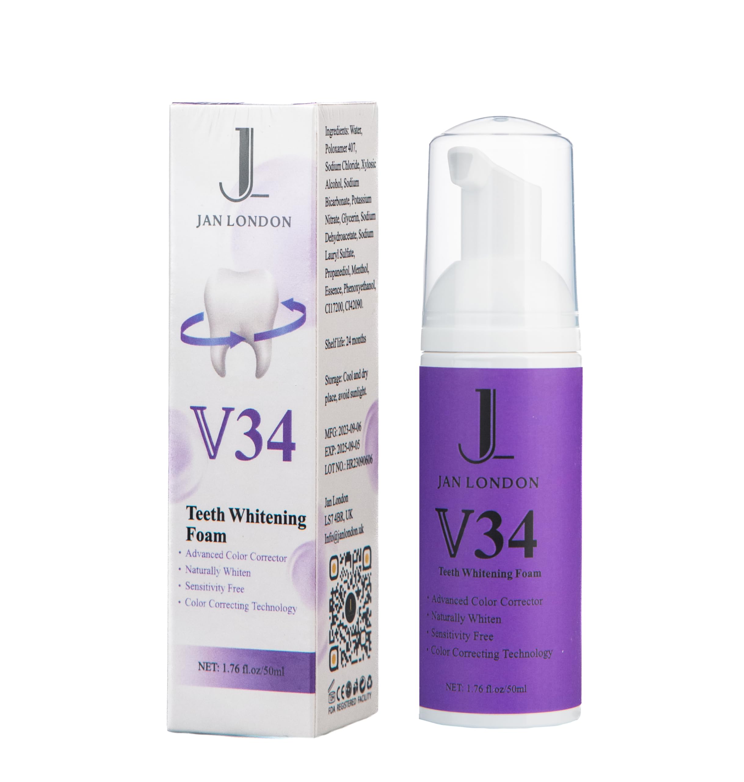 JAN LONDON JL Purple Radiance Teeth Whitening Foam: V34 Stain Corrector & Brightening Formula - Unveil Your Best Smile with Our Advanced Dental Care Product (50ml)