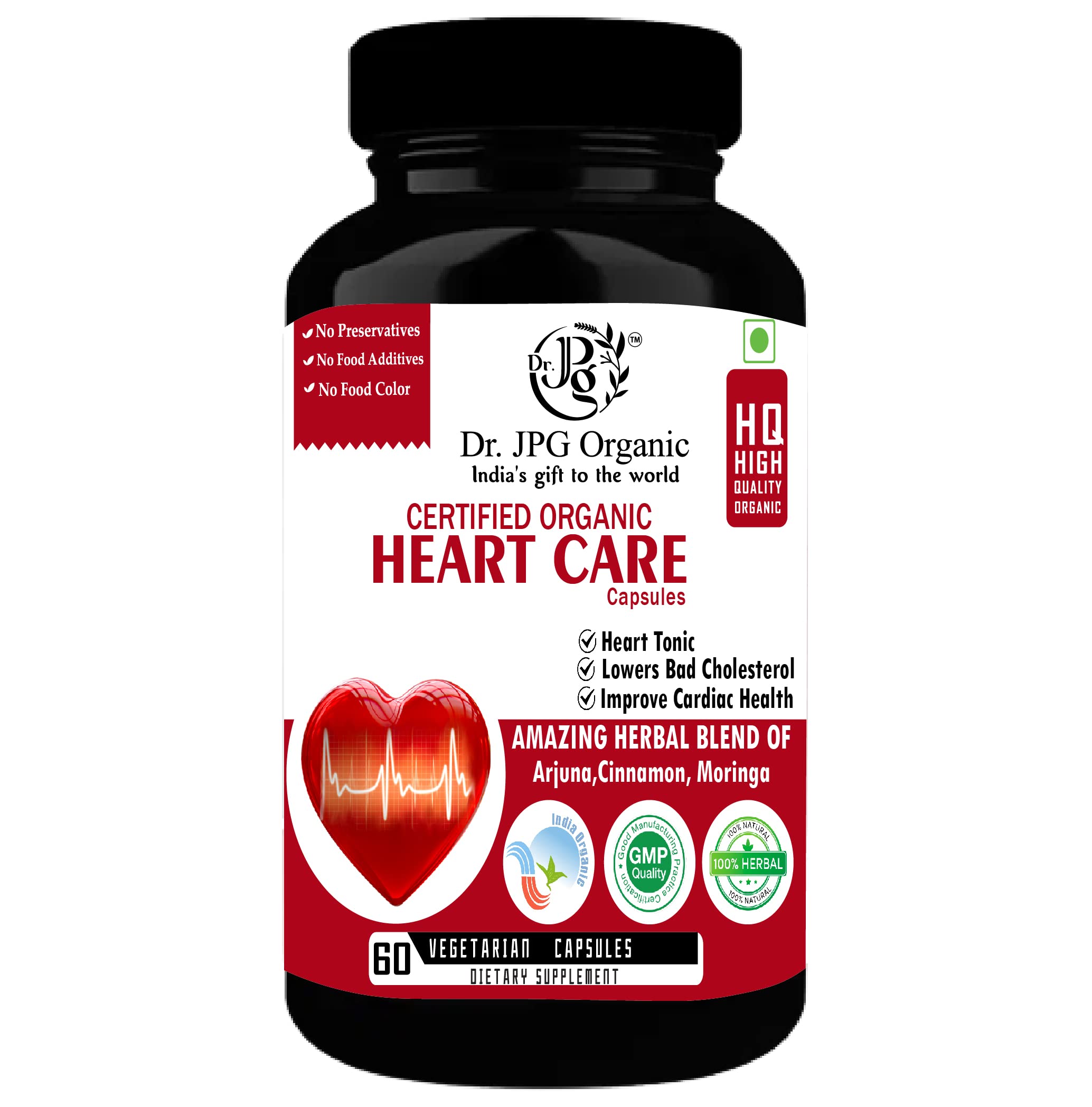 Dr. JPG Organic Heart Care Capules 650mg, 60Veg Cpasules/Lowers Cholesterol/Controls Blood Pressure/INDIA Organic Certified.