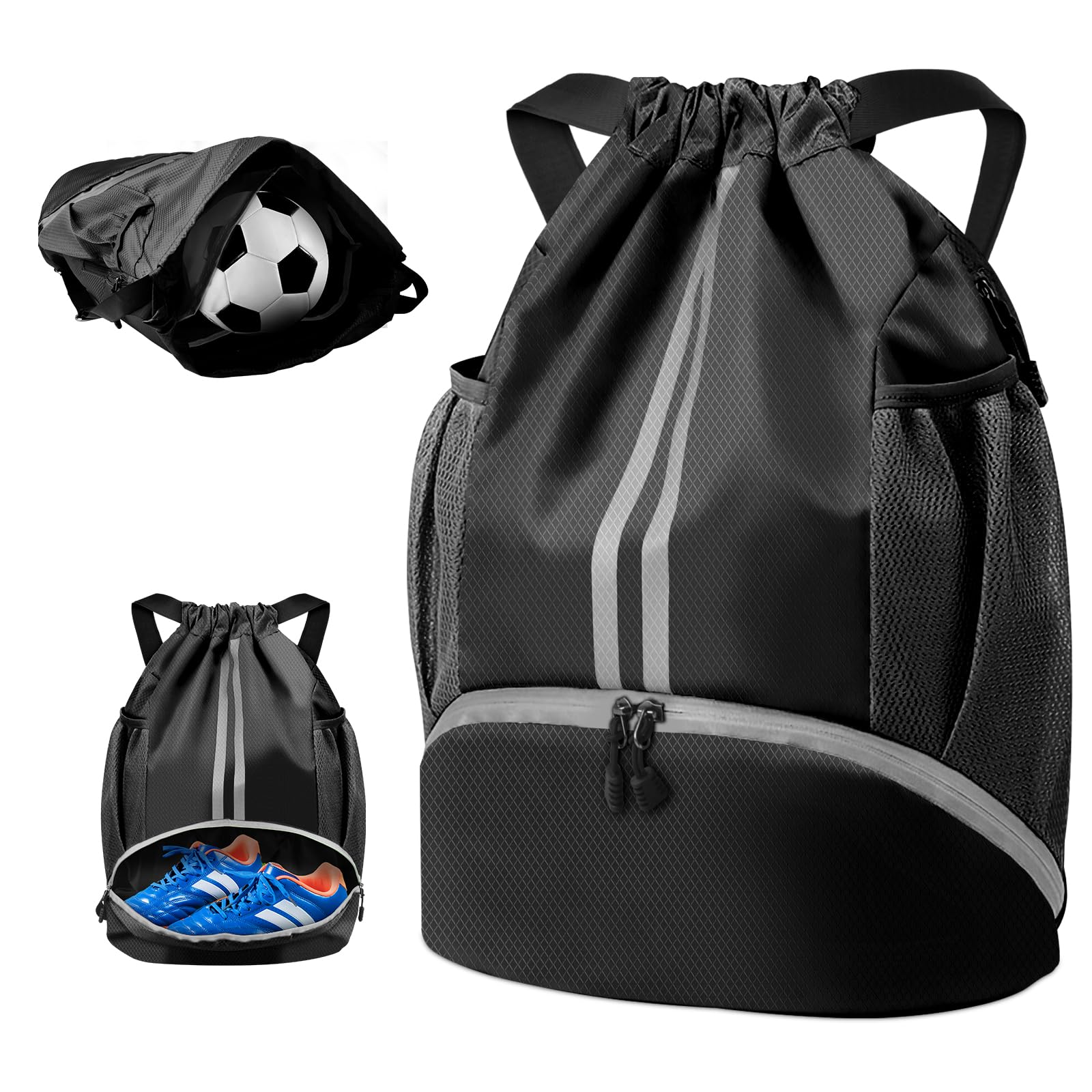 BROTOUUnisex Drawstring Backpack, Waterproof Gym Bag, Large Oxford PE Bag, Students School Bag, Durable Sports Ball Bag, with Shoe Bag (Black)