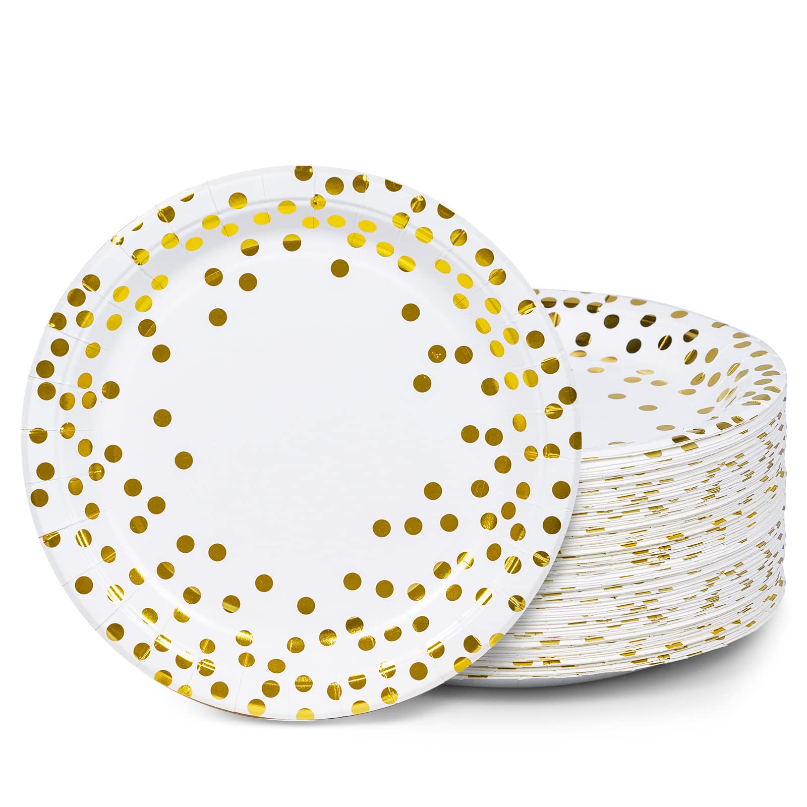 Party Paper Plates, 100-Pack Disposable White and Gold Plates, Foil Polka Dots, 9-Inch