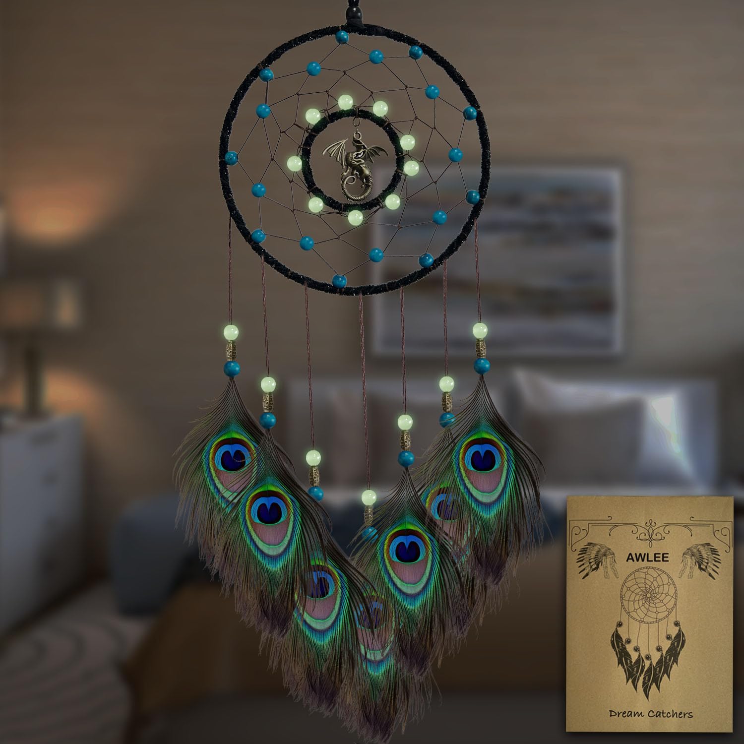 AWLEE Dream Catcher for Boys Wall Decor Dragon Dream Catchers for Adult Bedroom Handmade Feather Hanging Decorations Home Ornament Birthday Festival Craft Gift