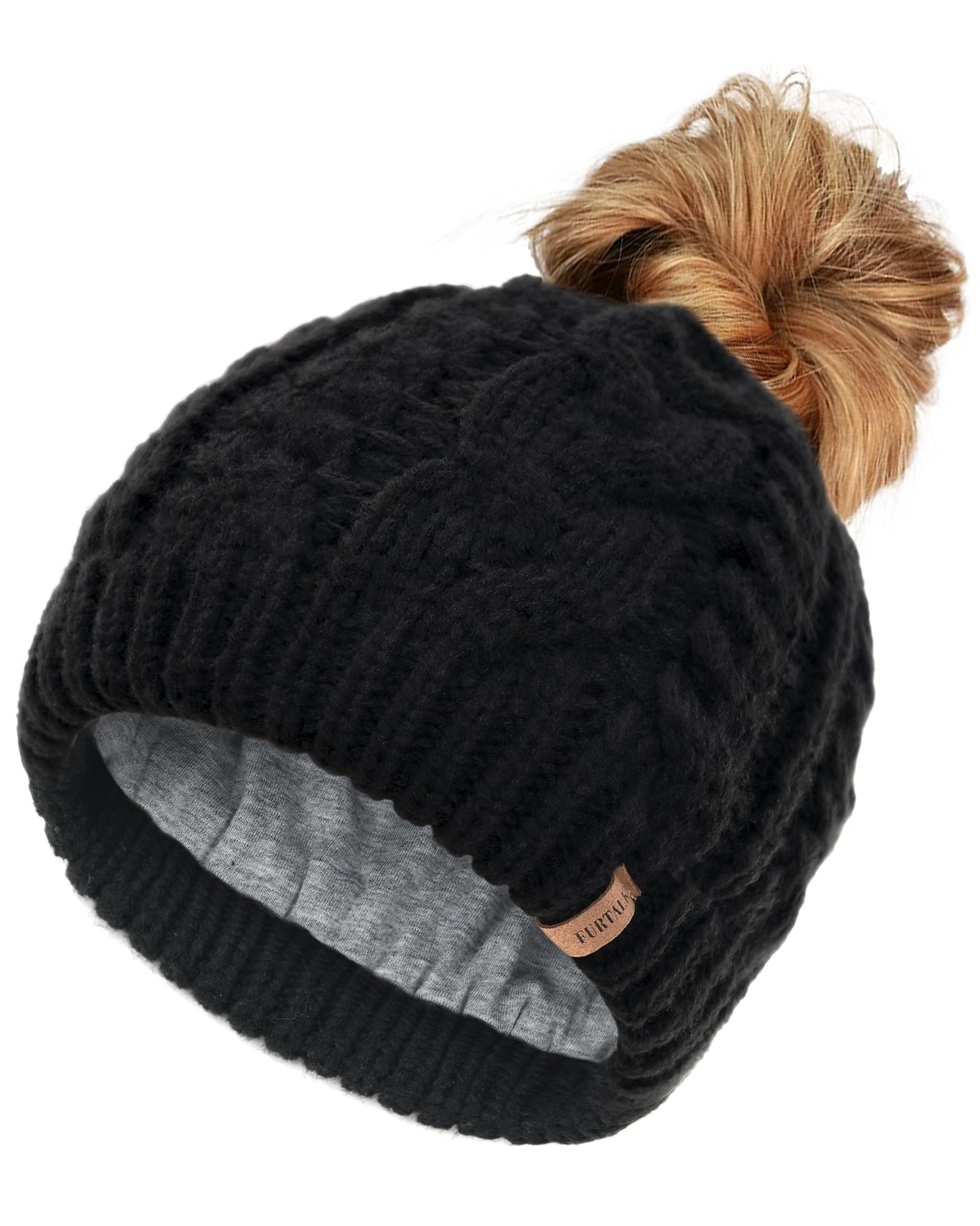 FURTALK Ponytail Beanies for Women Messy Bun Winter Hat with Tail Hole Cotton Lined Knit Skull Beanie Outdoor Runner Cap