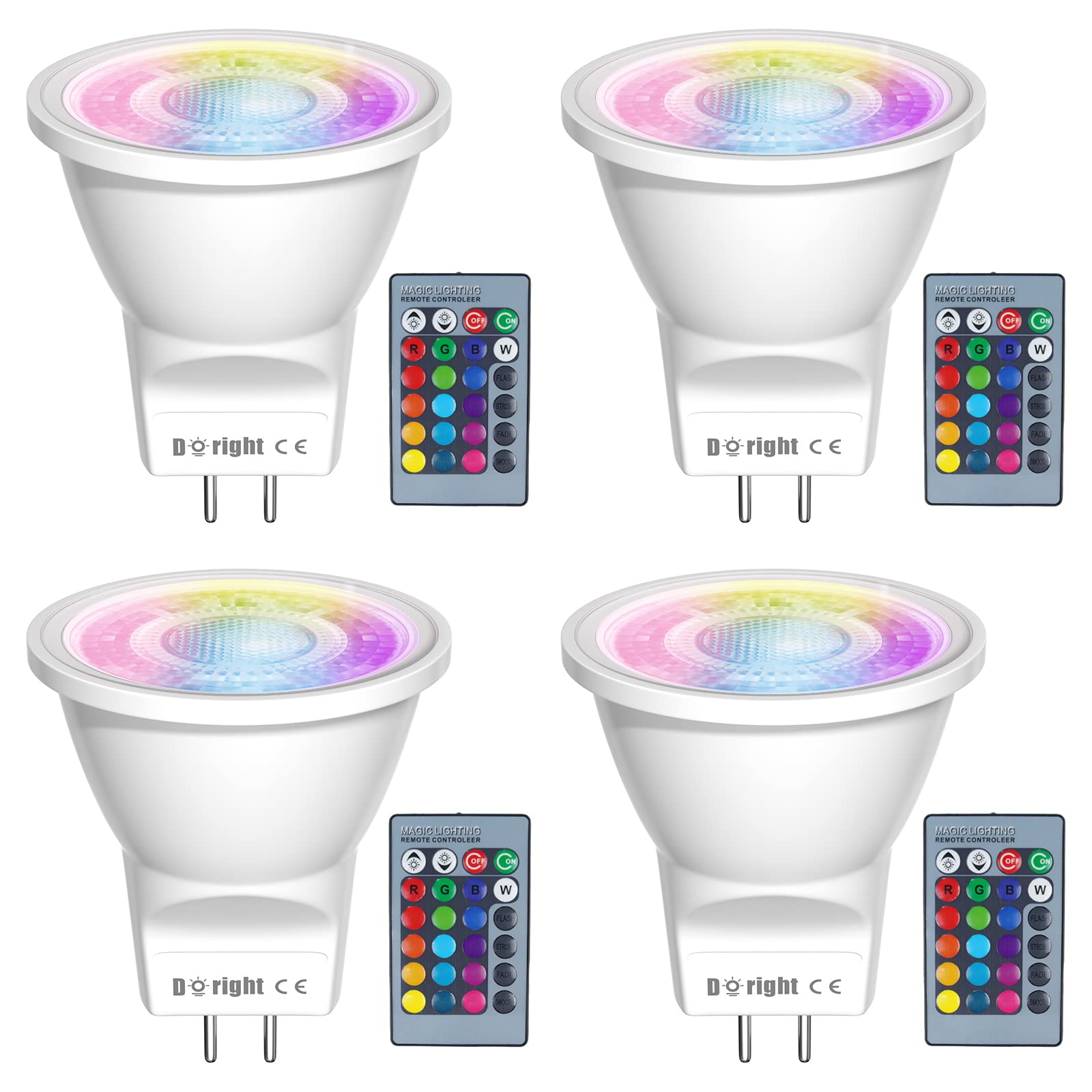 DoRight MR11 GU4 Colour Changing LED Bulb 2W, Dimmable GU4 Bi-Pin RGB Coloured Reflector Spotlights 12V, 16 Colours + Cool White 6000K Spotlights with Remote Control, 4 Modes, Memory Function (4-Pack) [Energy Class A]