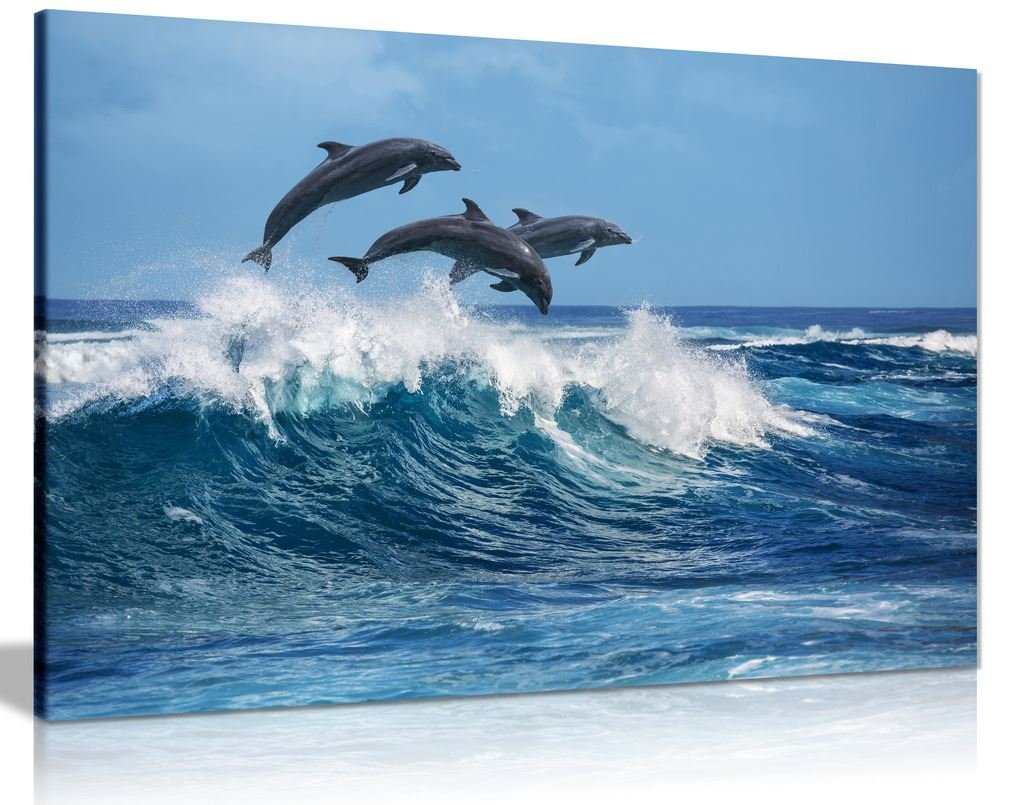 Dolphins Jumping Over Blue Waves Ocean Wildlife Canvas Wall Art Picture Print (30x20in)