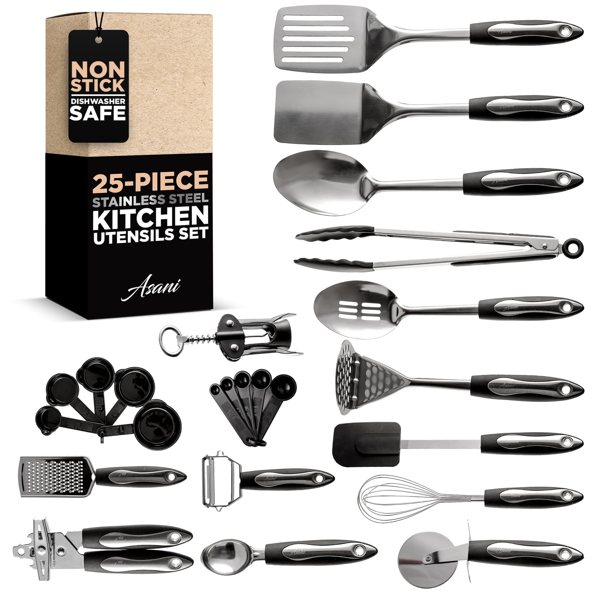 25-Piece Stainless Steel Kitchen Utensil Set | Non-Stick Cooking Gadgets and Tools Kit | Durable Dishwasher-Safe Cookware Set | Kitchenware Gift Idea, Best New Apartment Essentials