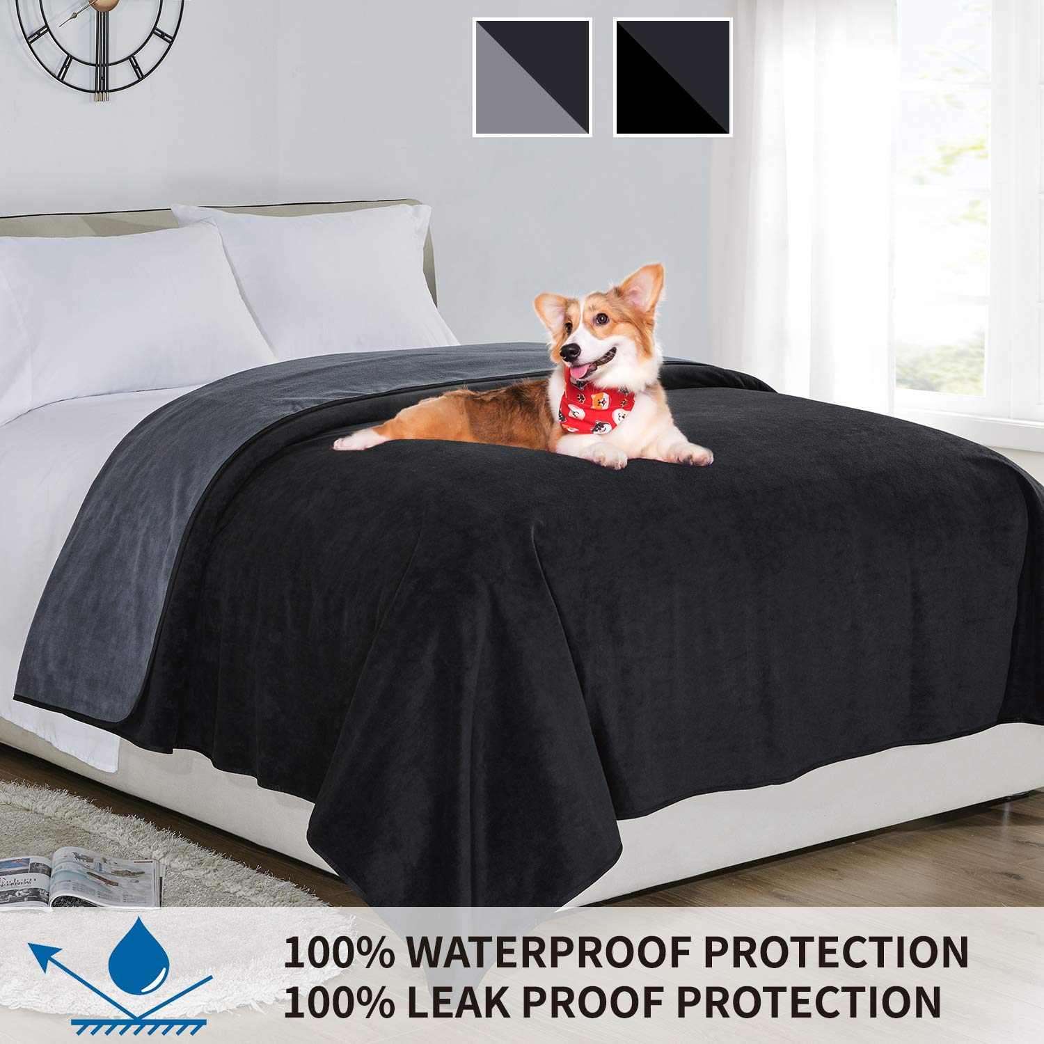 softan Waterproof Blanket Cover 230x230CM for Baby, Adults, Dogs, Cats or Any Pets, 3 Layer Protector and 100% Leak Proof blanket for Bed, Sofa and Other Furniture, Easy to Clean, Charcoal & Black