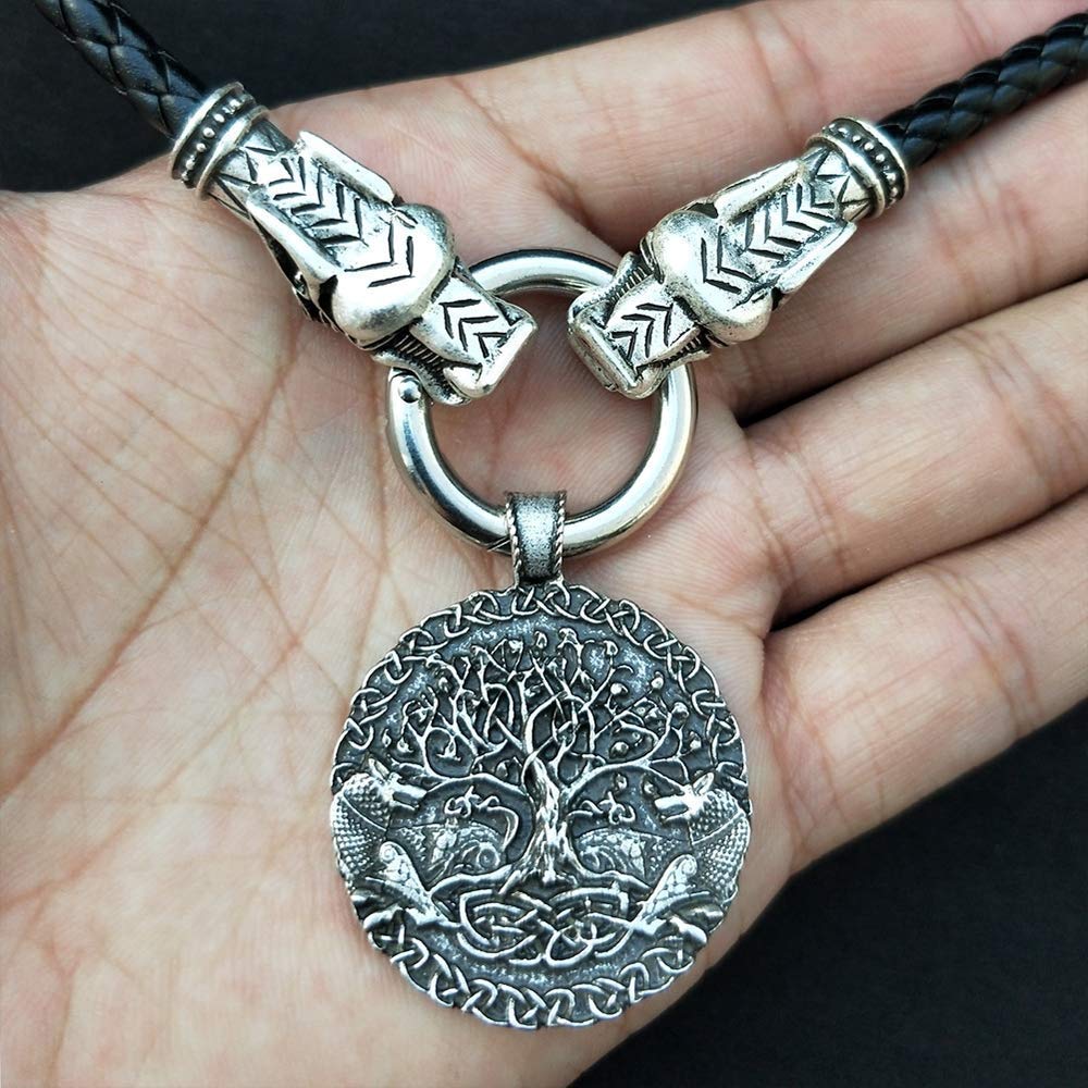 Tree of Life+Wolf Pendant Viking Necklaces Norse Odins Pagan Pendants Antique Amulet Jewelry Leather Rope Gift Unisex (Size : 40cm)