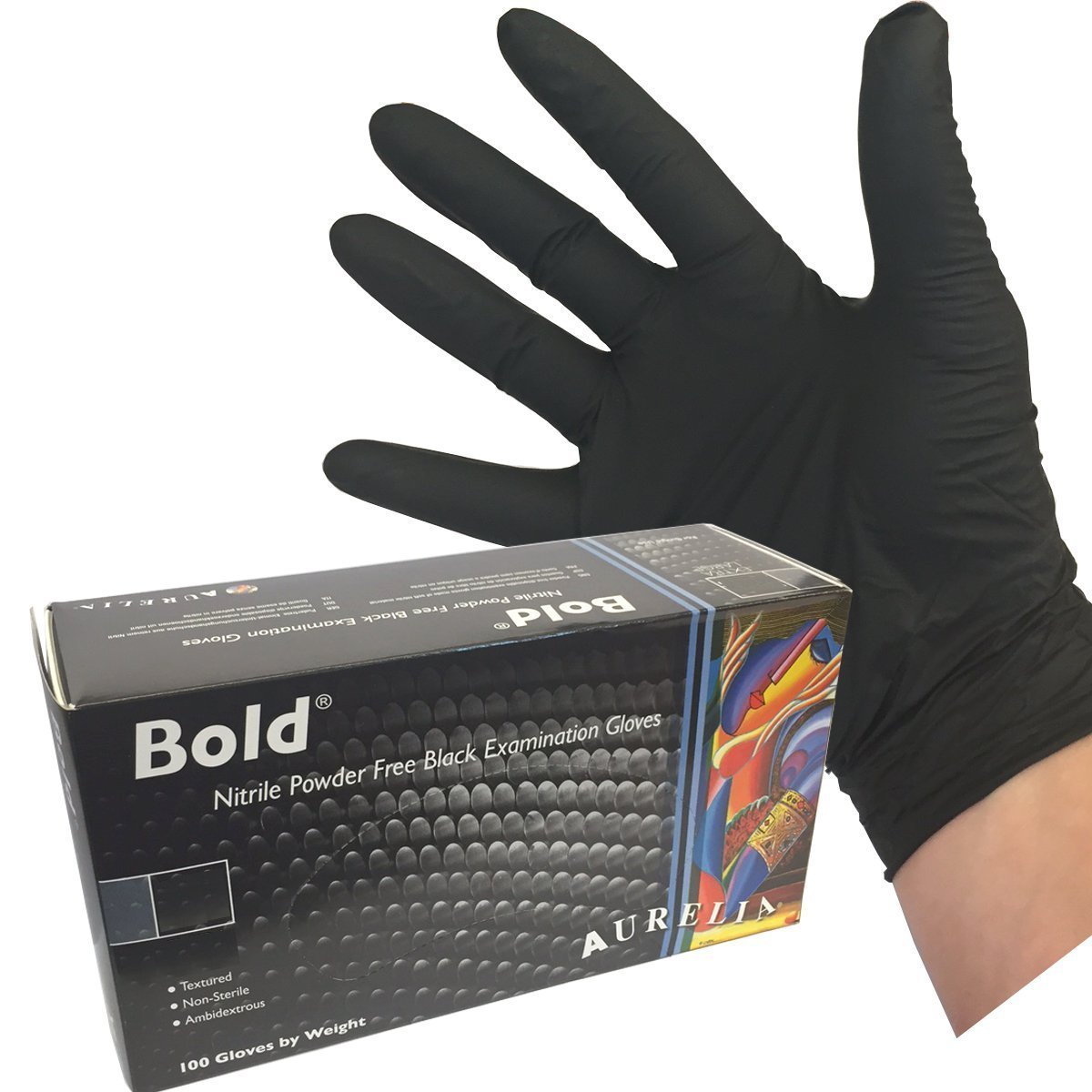 Aurelia Bold Nitrile Powder Free Examination Gloves - Box of 100 Gloves, Black, Extra Large