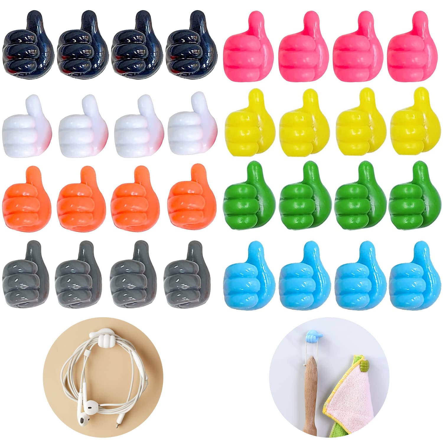 32 Pcs Self Adhesive Thumb Hooks, Waterproof Cable Holder Wire Cord Clip Management, Cute Thumb Cord Holder for Desk, Wall, Key (Multicolor)