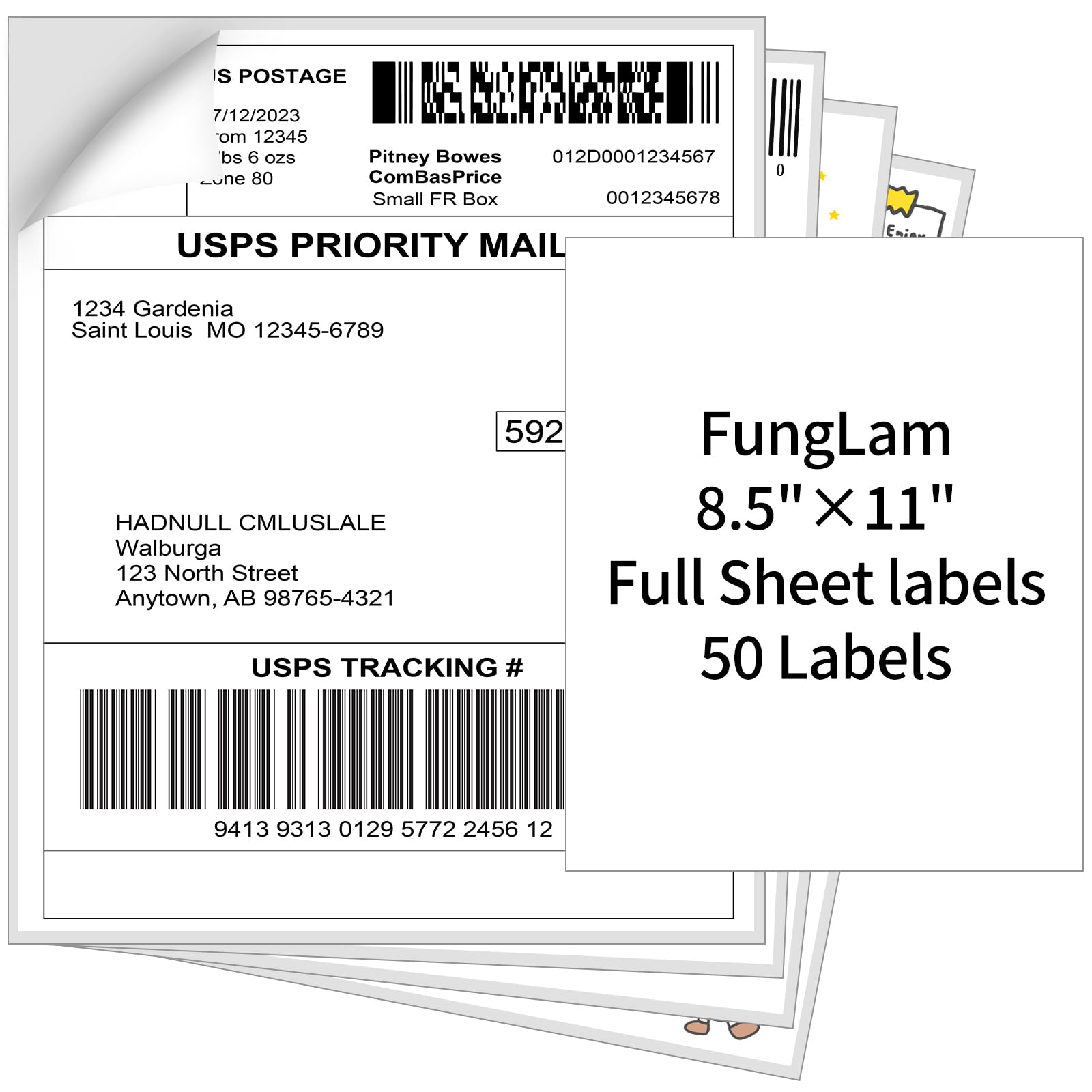 Full Sheet Shipping Labels, Full Page Labels 8.5” x 11”, FungLam Shipping Labels 8.5”x 11” for Laser&Inkjet Printers, 8.5” x 11” Adhesive Shipping Label Stickers, 50 Labels.