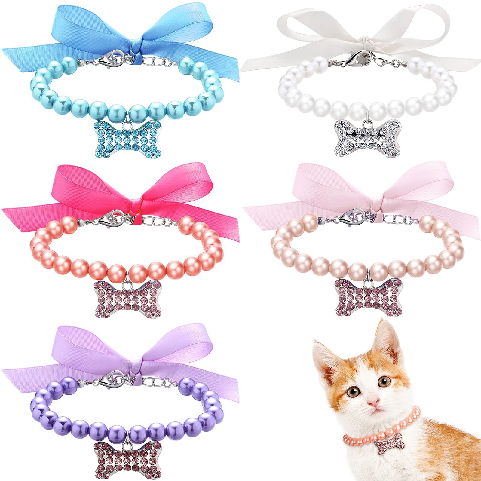 Pet Pearl Necklace,  Diamond Crystal Dog Collars, Adjustable Cat Collar, Dog Pearl Jewelry Set Wedding Collar for Puppy Pets Dogs Cats Costume Outfits Pet Wedding Birthday Party Supplies 5PCS