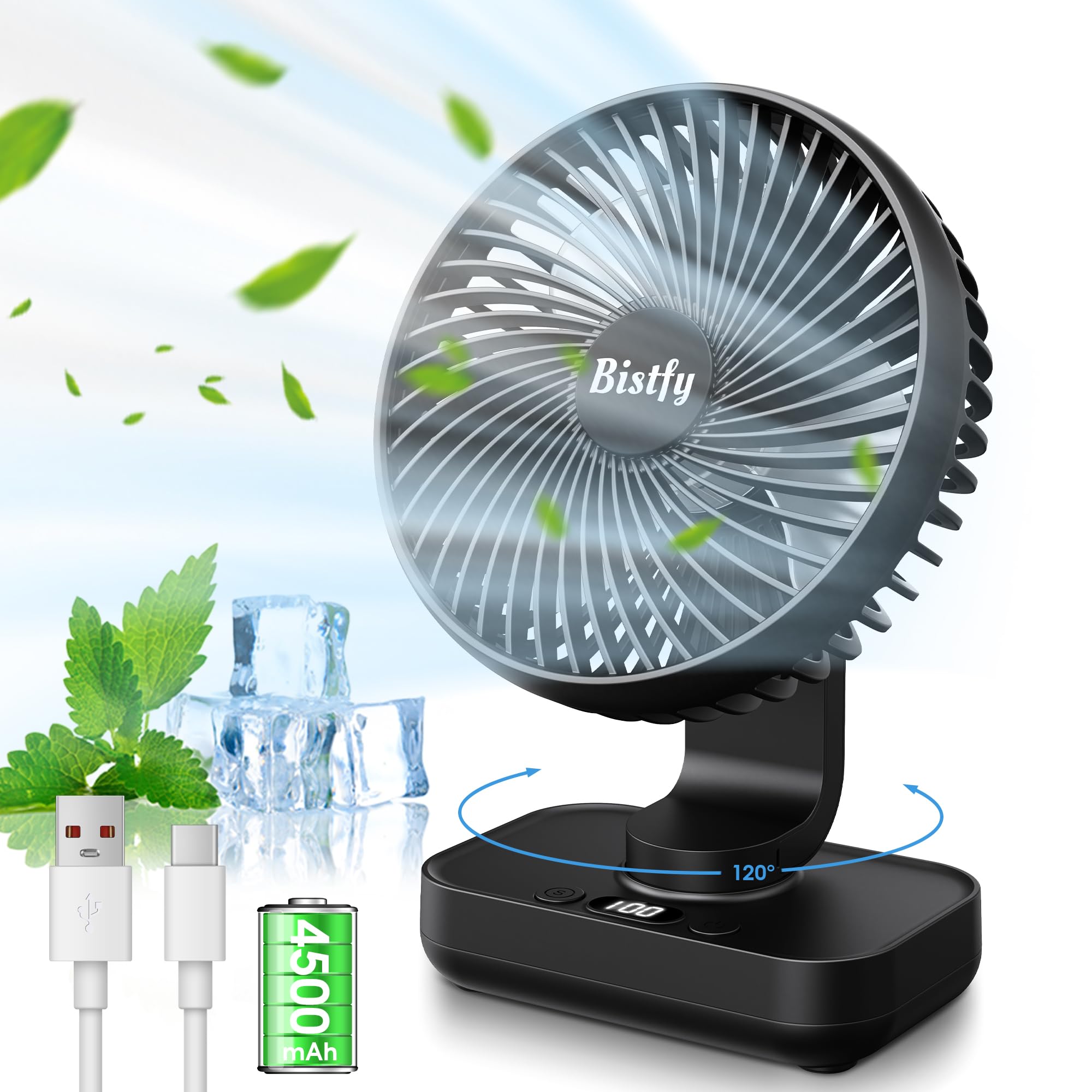 Desk Fan Auto Oscillating Table Fan, 4500mAh Rechargeable Battery Powered Fan, 4 Speed Powerful& Quiet USB Desk Fan, 2A Fast Charging LED Display 5.5'' Portable Cooling Fan for Office Home Travel